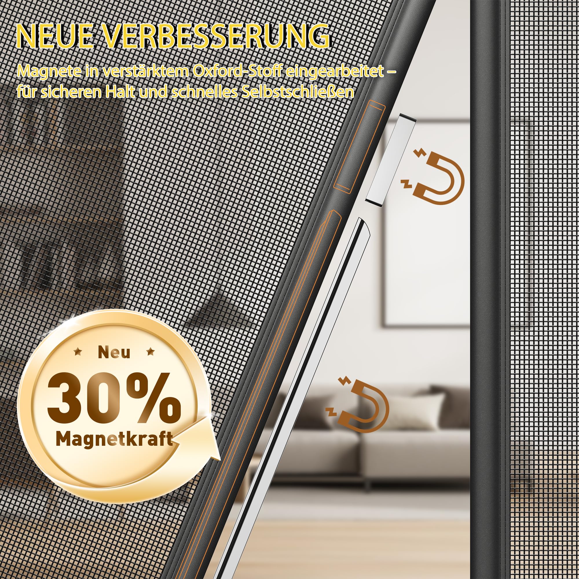 fowong Magnet Fliegengitter Balkontür bis 5 Jahre – Extra dickes 250 g/m² Haustier-Gewebe, kratzfestes Spezialgewebe für Haustiere – Ideal für Terrassentür & Schiebetür Schwarz, 70x210cm