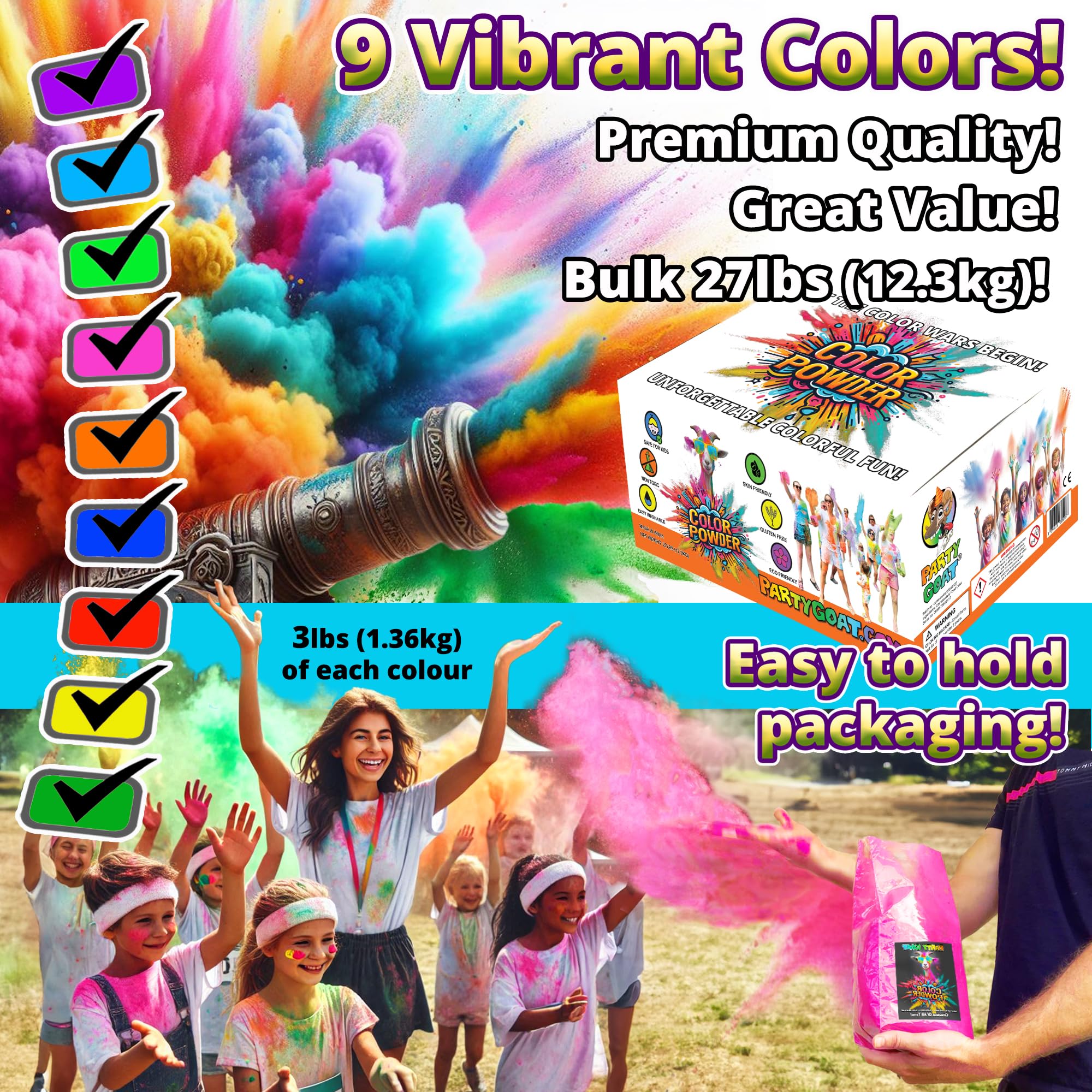 Colour Run Powder. Bulk Pack. 1.36kg (3 Lbs) Each. Non Toxic Holi