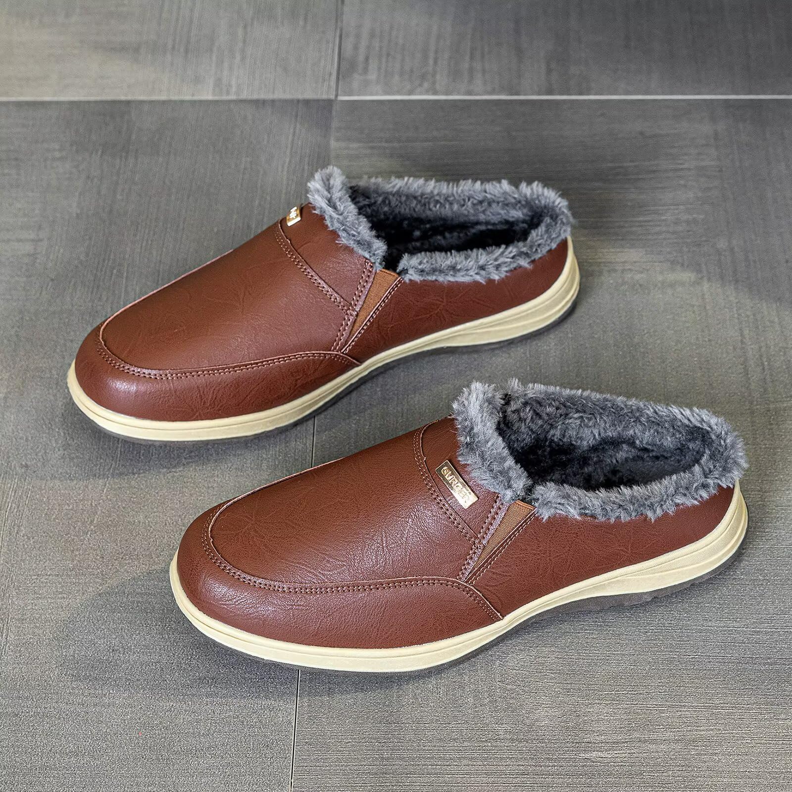 Chaussons Homme Cuir Hiver Chaud en Fourrure Mules et Sabots