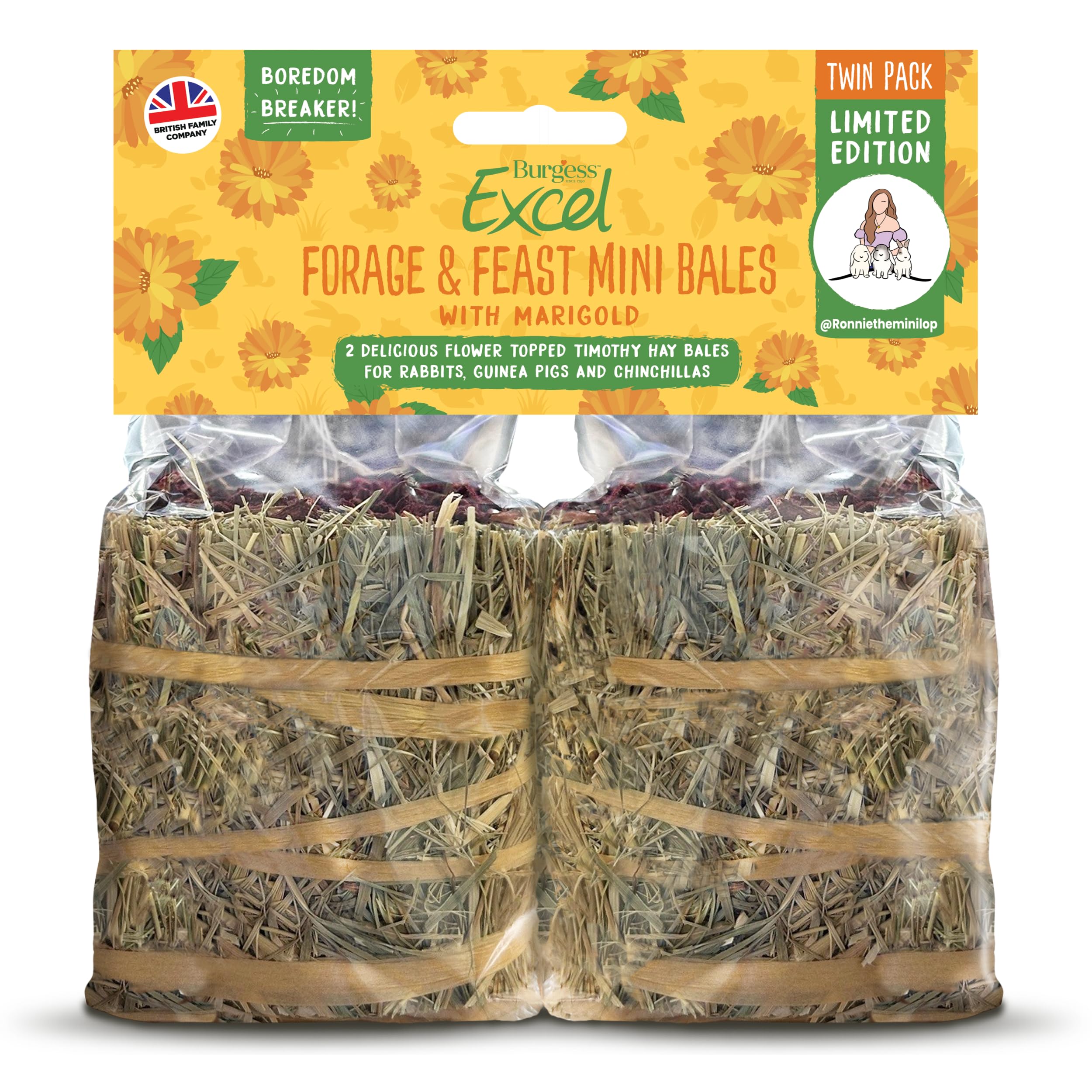 Excel Forage & Feast Mini Bale with Marigold Twin Pack, 200g – Mini Hay Bale Treats for Rabbits & Guinea Pigs – Natural Snack Topped with Marigold