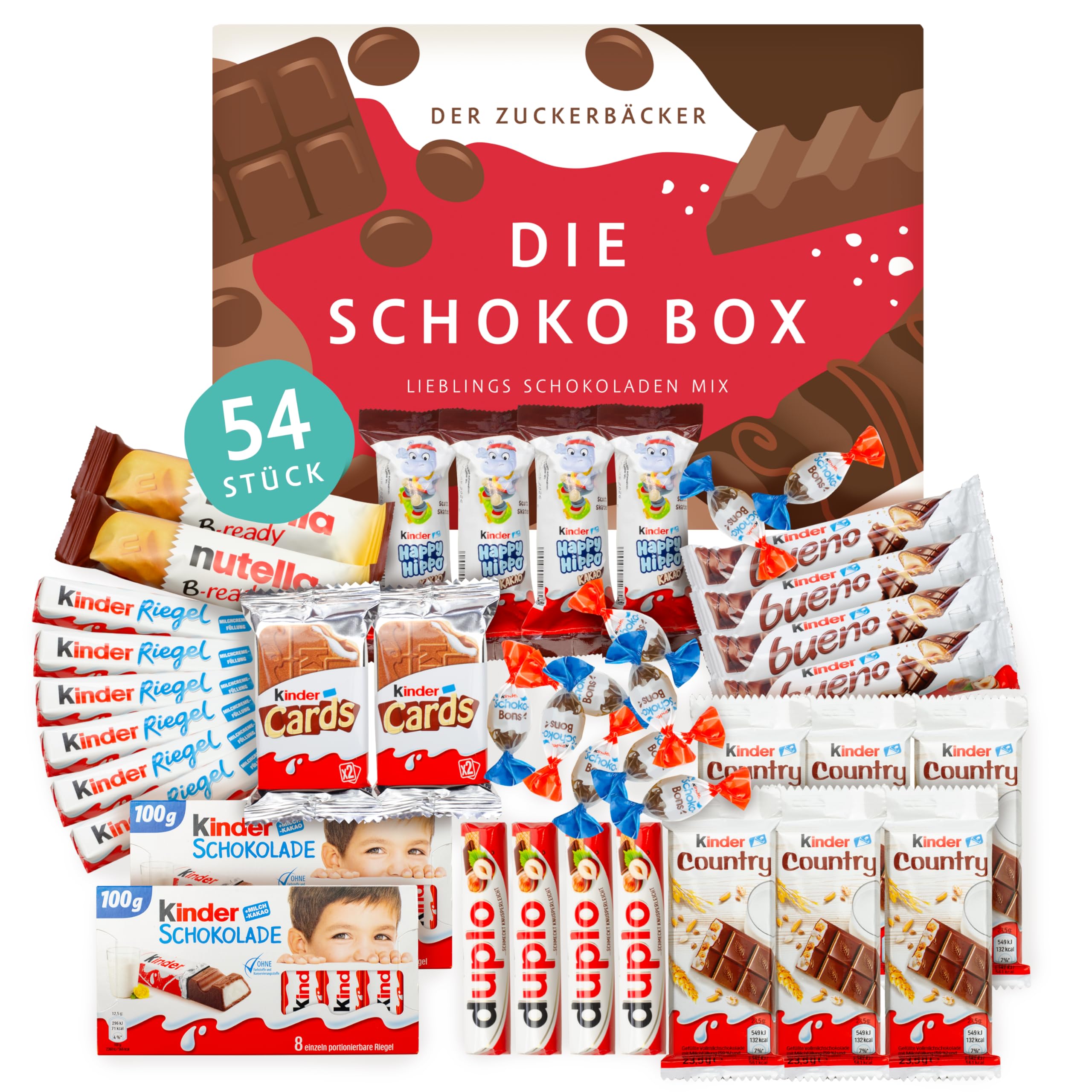 Süßigkeiten Box mit Kinderschokolade - Genussmomente von Der Zuckerbäcker, Premium Schokoladen Mix mit Bueno, Kinder Schokolade und Kinder Country, 54 Teile als Geschenk für Party und Geburtstag