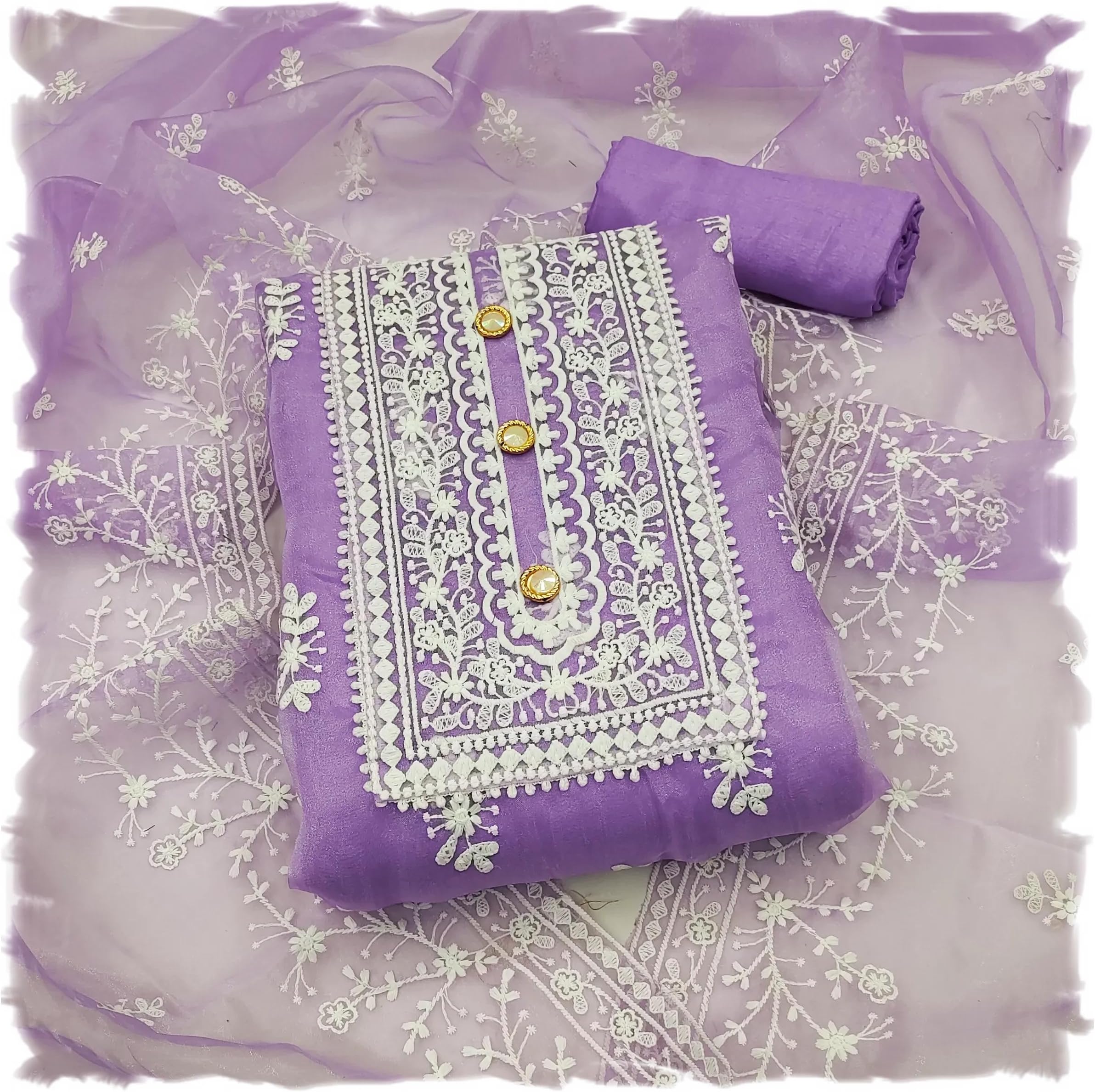 Cotton Women's Organza Embroidered Unstitched Salwar Suit Dress Material With Embroidery Work Dupatta (Dm Humtum_Free Size)