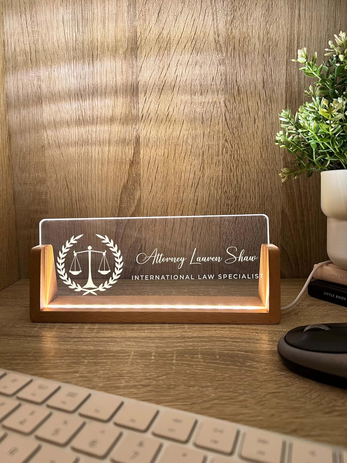 Personalized Name & Title Desk Name Plate Wood Stand Lawyer Law Attorney Scales of Justice Company Professional Work Corporate Office Sign Plaque LED Light Nameplate Office Decor Gift - Image 7