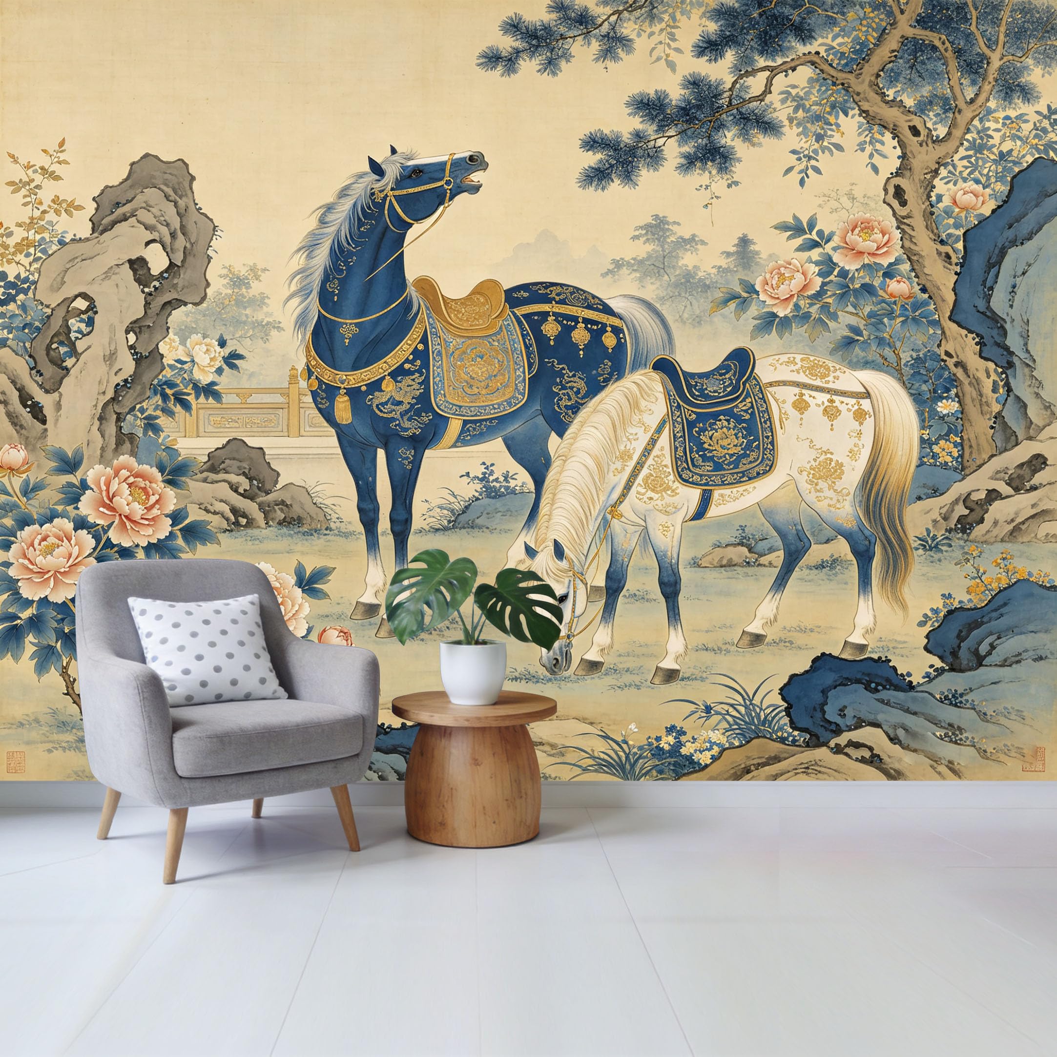 Qzlithotic Yq2605250995 Custom Size Wall Mural Elegant Blue Horse And Peony Flower Traditional Oriental Art Style Selfadhesive Wall Fabric Removable Wallpaper For Home Office Decor