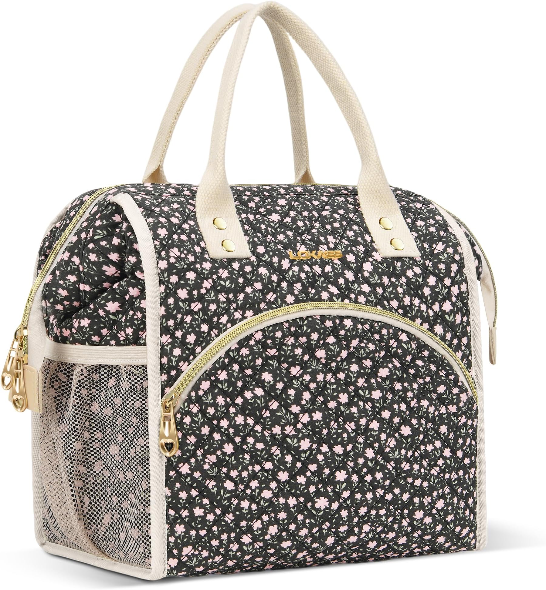 LOKASS Insulated Lunch Bag Women- Reusable 10 L Lunch Box for Women - Leakproof Tote Cooler Bag for Adults Work, Beach, Travel, Picnic （Black Small Florals）