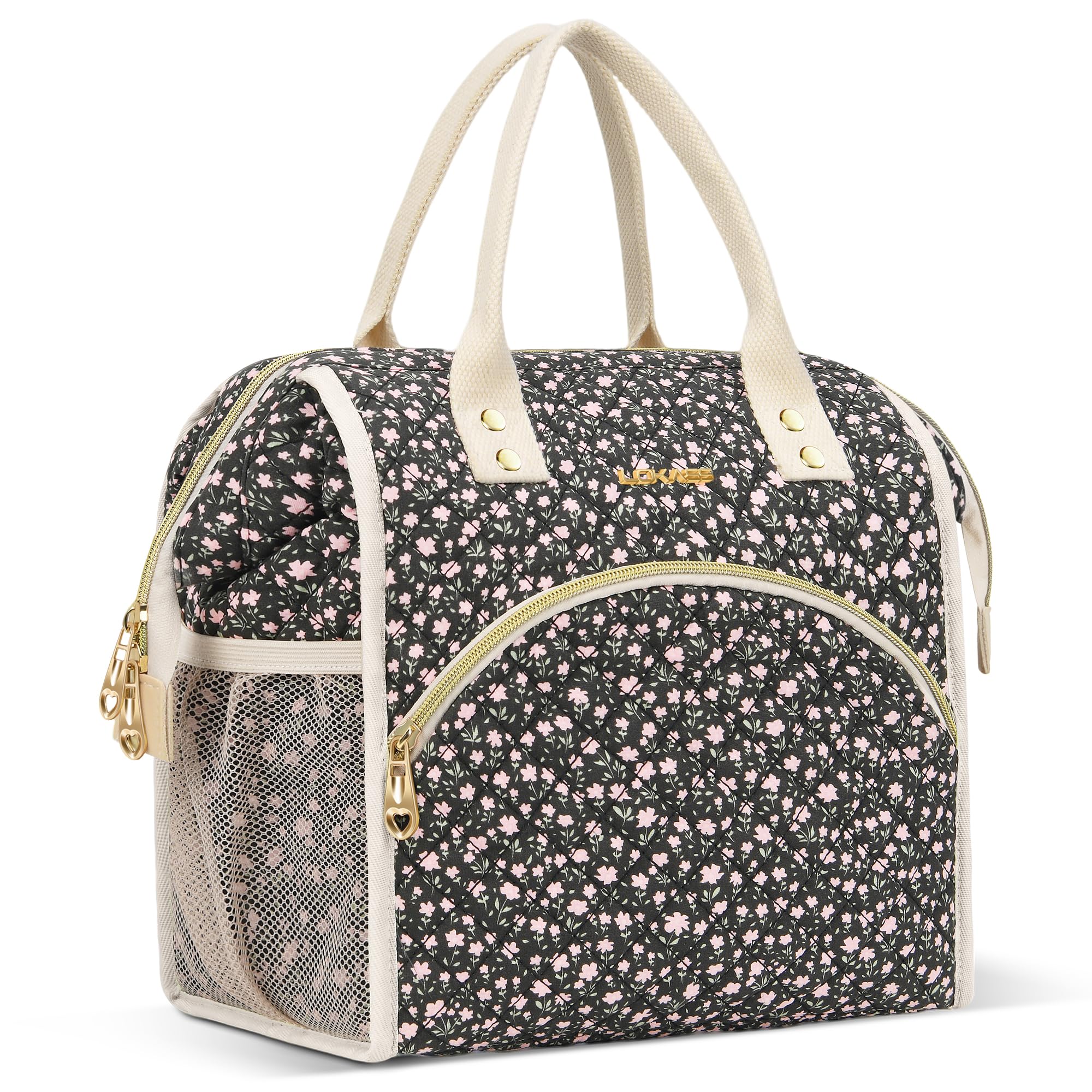 LOKASS Insulated Lunch Bag Women- Reusable 10 L Lunch Box for Women - Leakproof Tote Cooler Bag for Adults Work, Beach, Travel, Picnic （Black Small Florals）