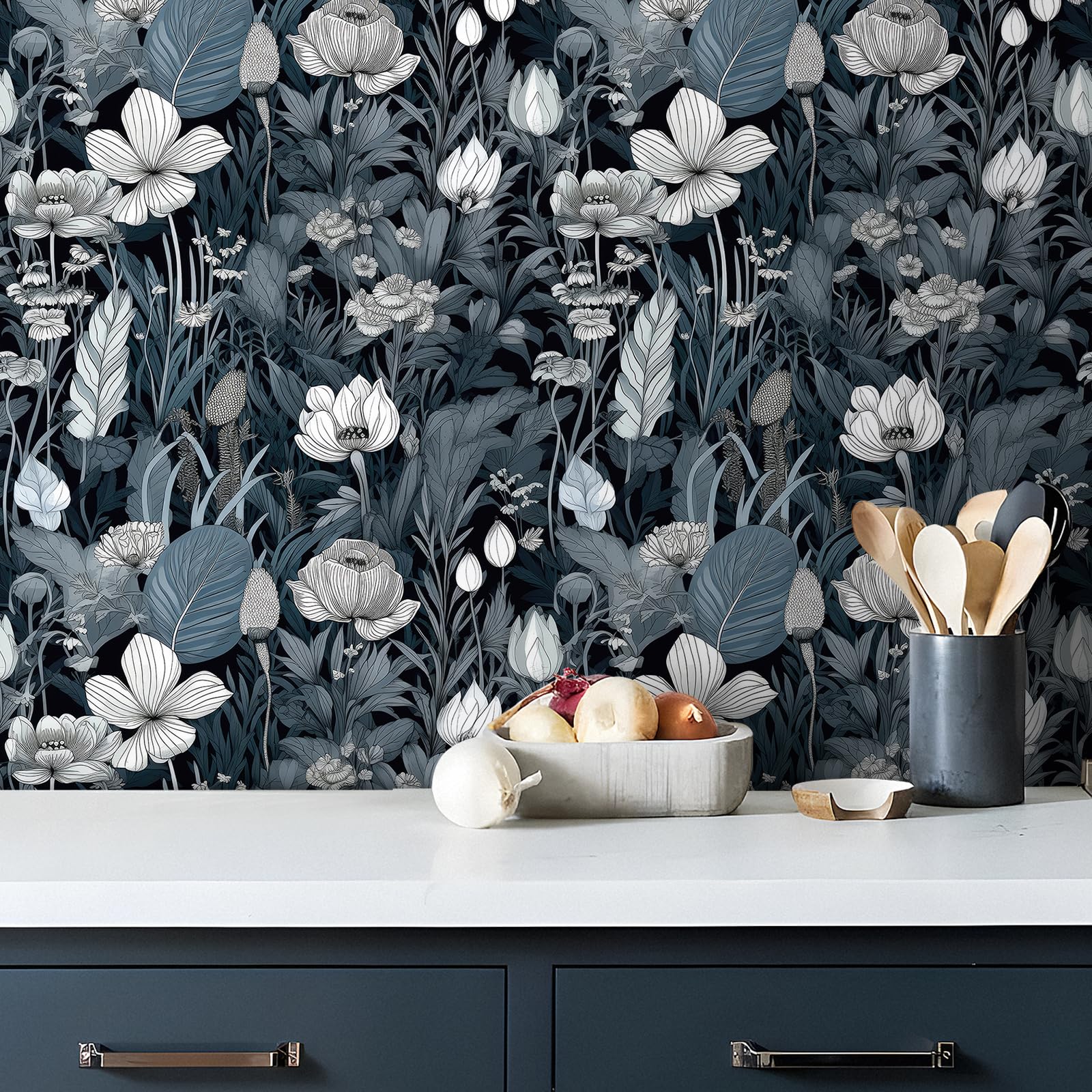 Livelynine Carta da Parati Floreale Foglie Tropicali Moderna 44.5CMx7M Carta da Parati Autoadesiva Forale Palme Grigio Blu Pellicola per Mobili Adesiva Fantasia con Fiori Jungle Tropicale Camera Letto