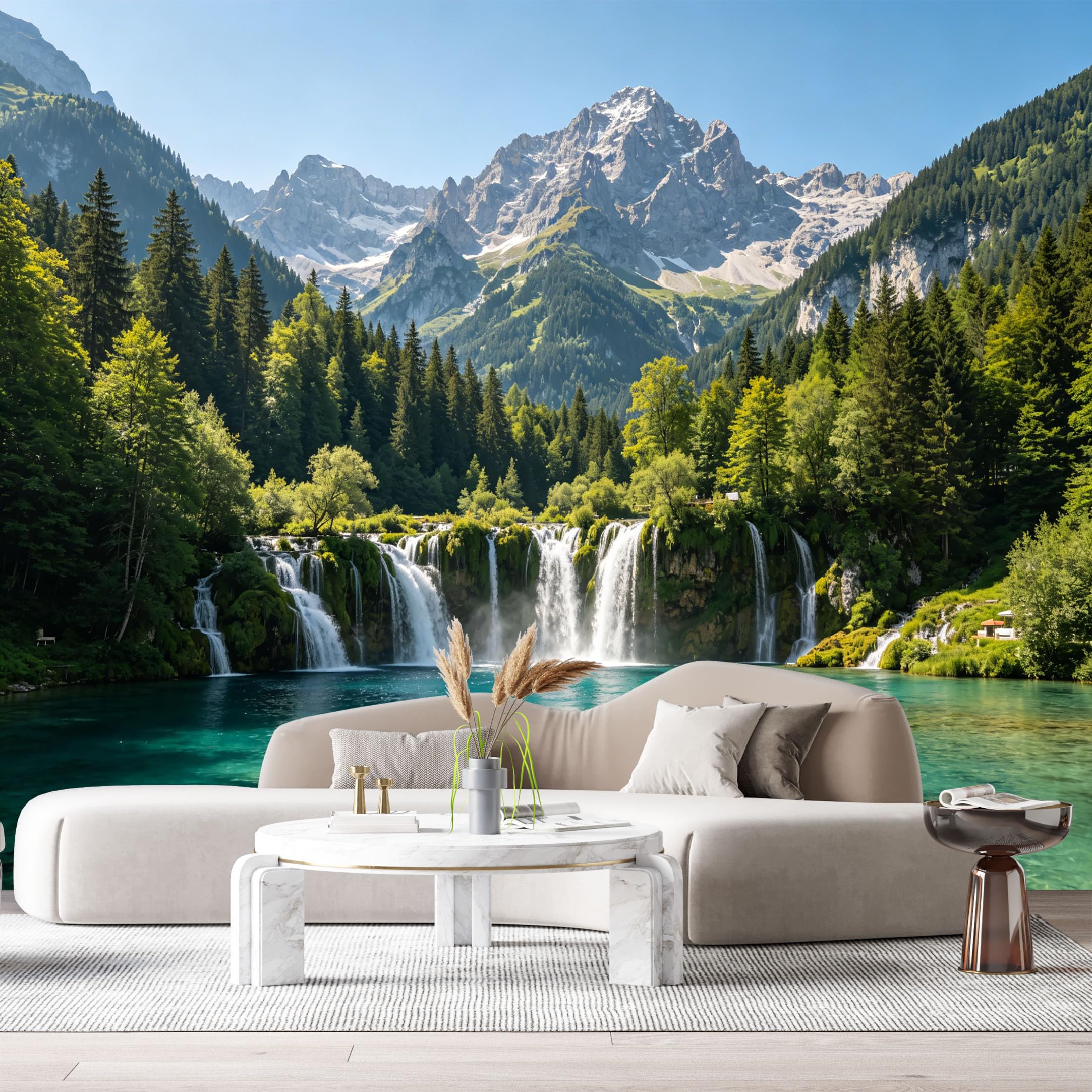 Custom Size Wall Murals Mountain Lake Waterfall Pine Forest Landscape 3D SelfAdhesive Wall Fabric Removable Large Wallpaper for Photo Living Room
