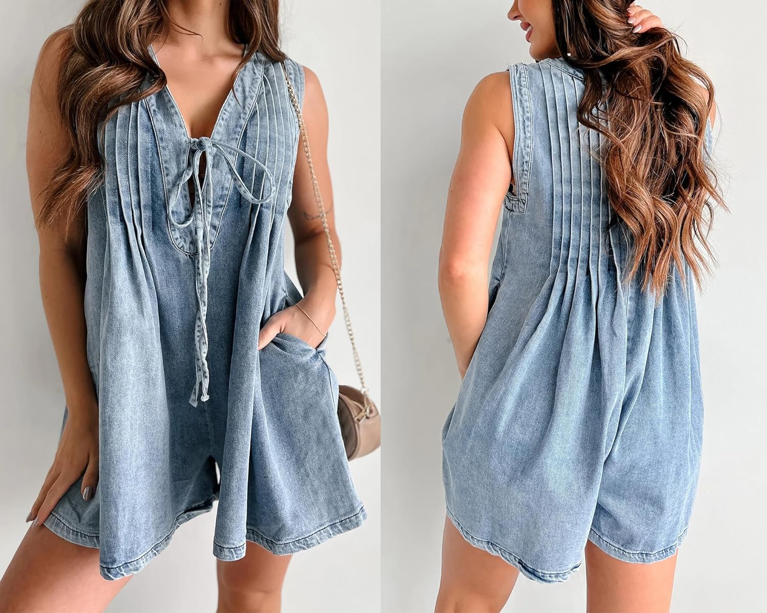 utcoco Womens Summer Casual Sleeveless Denim Romper Tie Front V Neck Jean Overall Shorts Romper With Pockets - Image 2