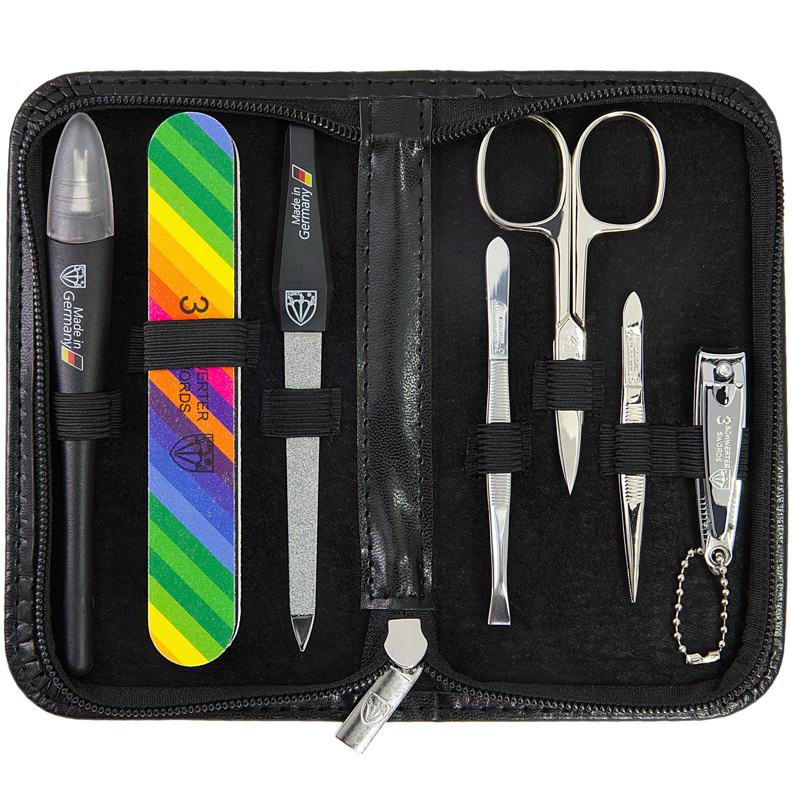 3 Swords Germany - Brand Quality 7-Piece Manicure kit with Rainbow Nail Buffer and Many More Tools in Black Artificial Leather case