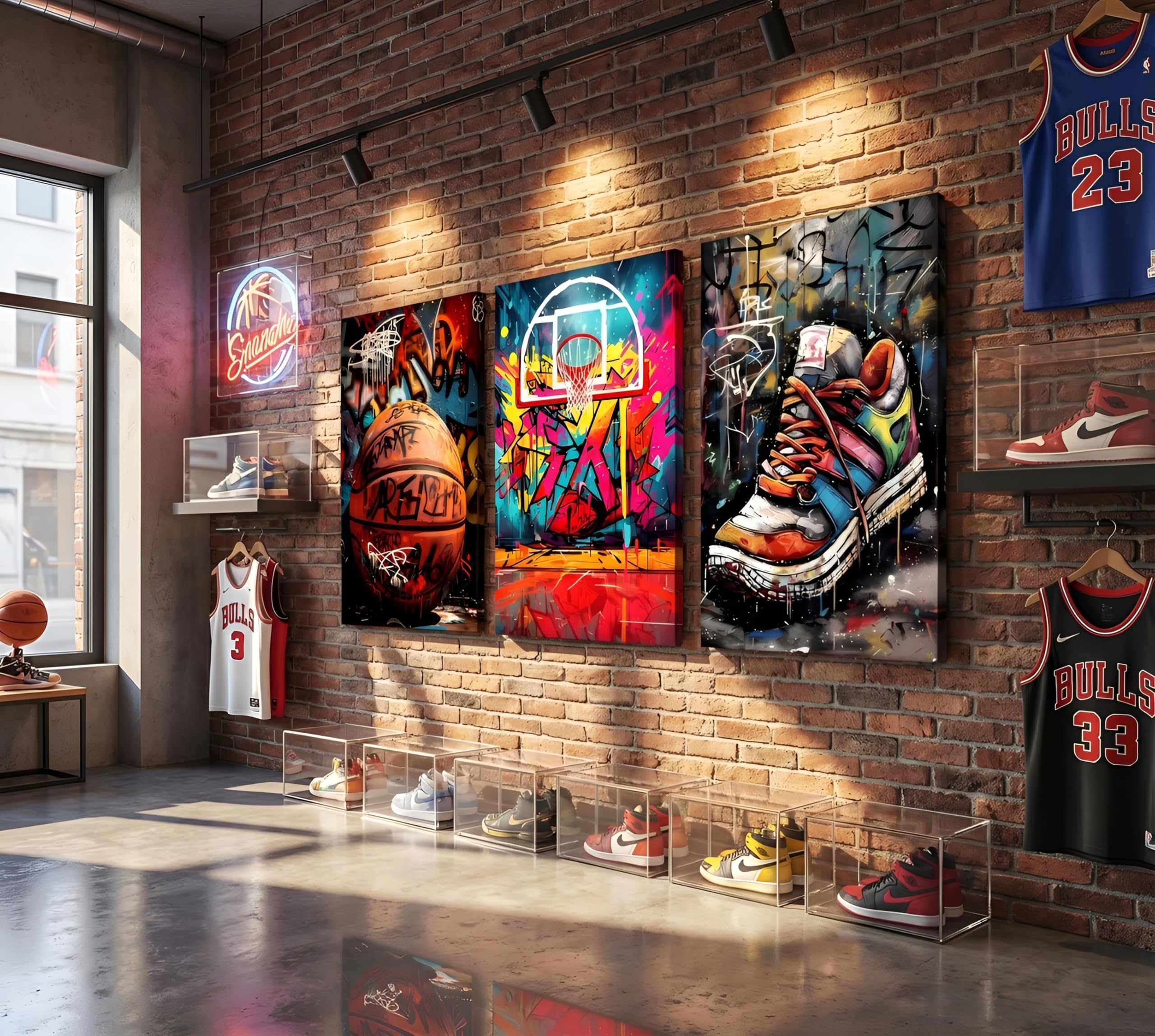 Basketball-Graffiti-Leinwandkunst, Retro, abstrakte Graffiti, Teenager, Wanddekoration, Bilder, Sneaker, Poster, Drucke für Teenager, Jungen, Wohnzimmer, Schlafzimmer