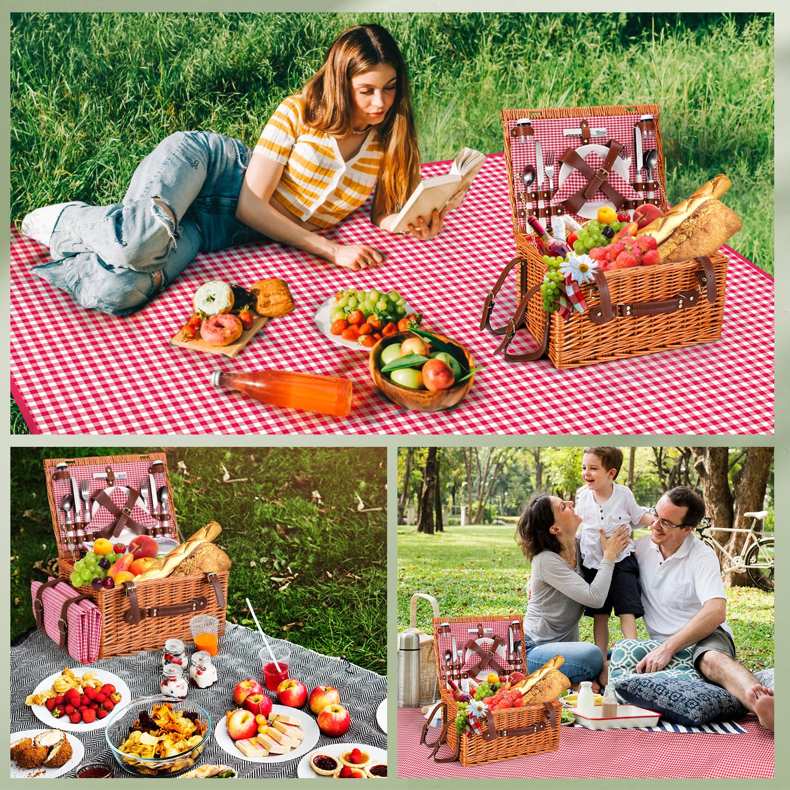 Cestino Picnic, Cesto Picnic Vimini con Scomparto Termico,Cestino Vimini con Coperta Impermeabile e Set di Posate, Set Pic Nic 4 Persone per Campeggio, Cestino Pic Nic (Rosa)