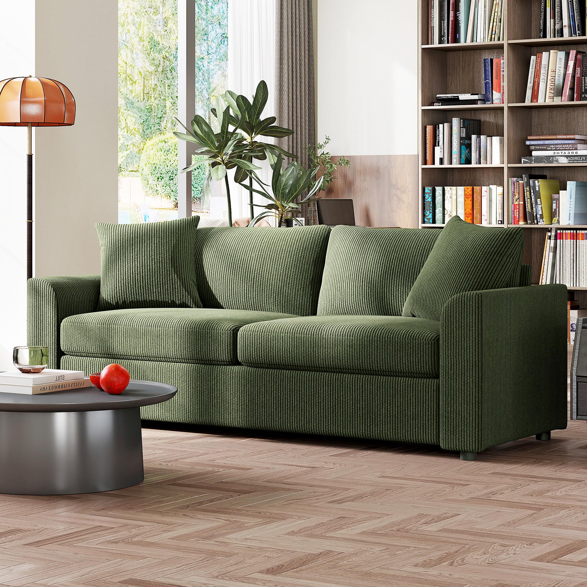 HOMCOM Sofá de 3 Plazas Sofá de Salón 212x80x88 cm Tapizado en Pana con 2 Almohadas Reposabrazos y Cojín de Muelles Diseño Moderno para Sala de Estar Dormitorio Verde