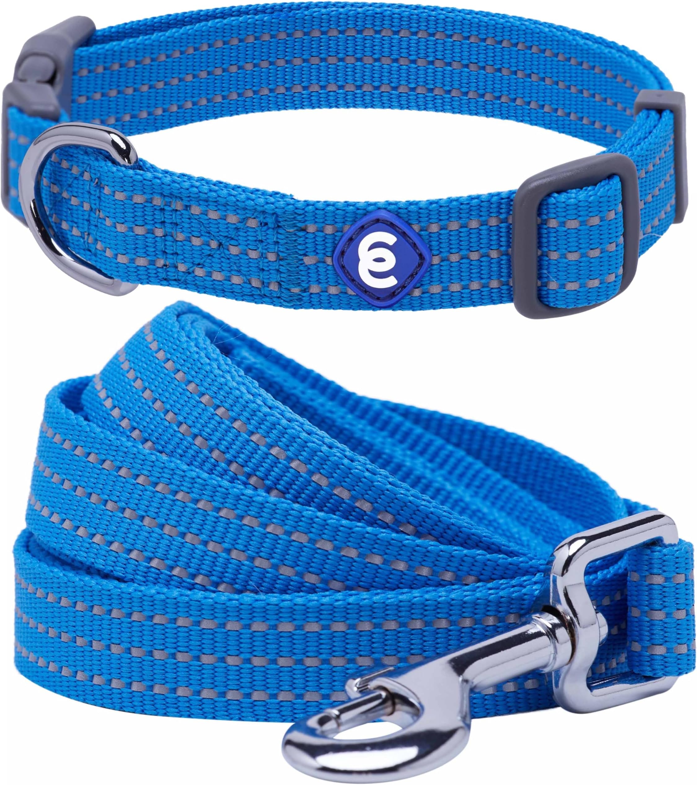 Blueberry Pet Essentials Reflective Better Basics Matching Dog Collar and Leash Set in French Blue, Adjustable Collar with 5 ft Leash for Medium Dogs