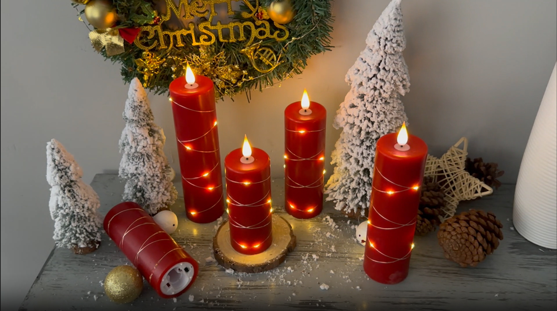 Image of Kiexung Red Flameless Candle Fairy String Light, Water Drop Flame, Advanced LED Flame Simulation with Remote and Timed Candles, 5-Cell Battery Powered,Christmas Candle
