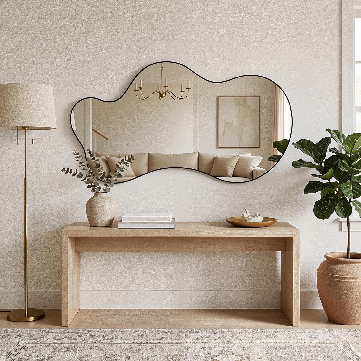 irregular wall mirror, 26"x40" asymmetrical mirror with metal frame, modern wavy decorative mirrors for bathroom, wall decor, entryway, living room, black 26"l x 40"w art deco black