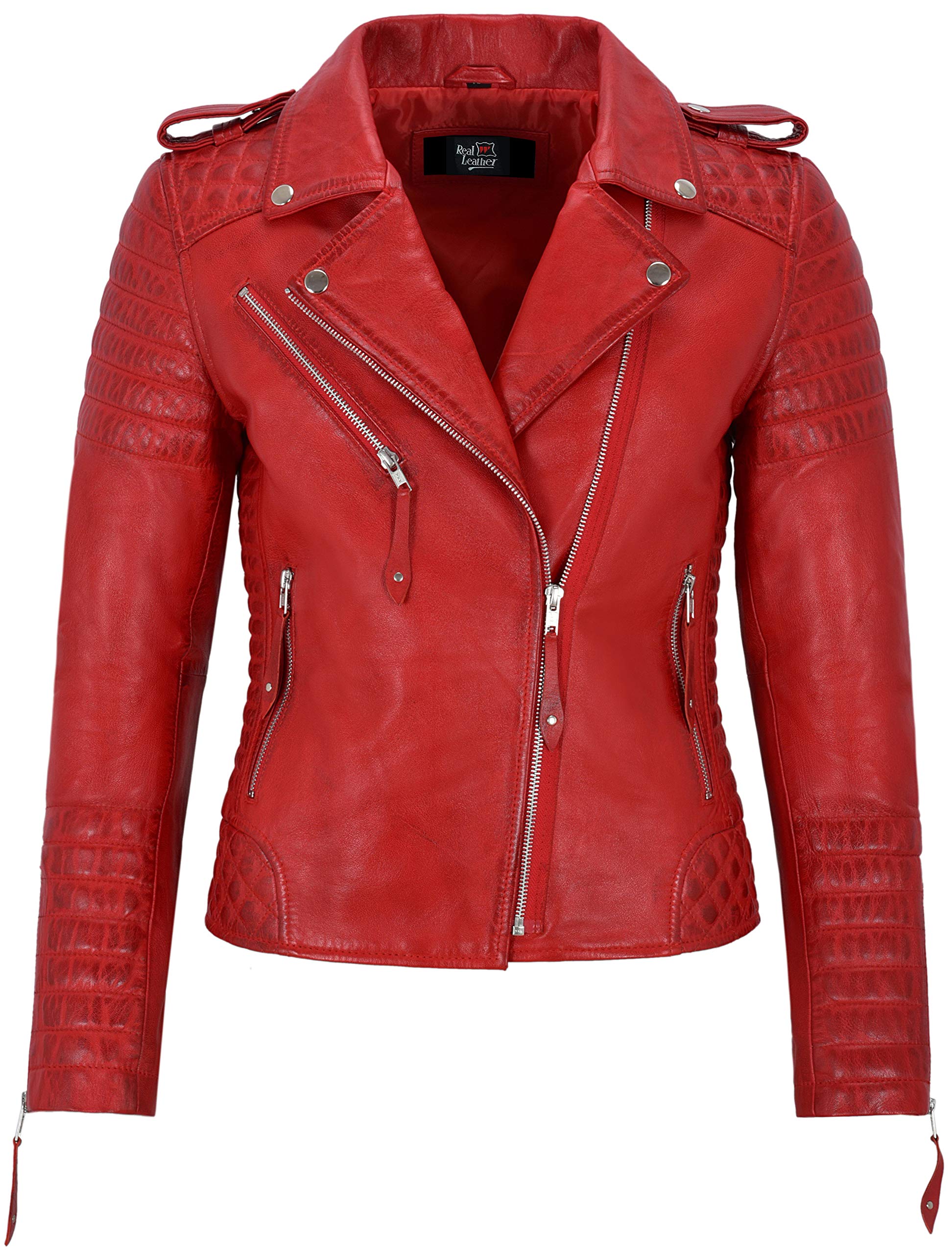 Chaqueta de cuero para mujer, clásica, estilo motero, piel de cordero real, 2260 Rojo rosso 36 ES/Busto 74 cm