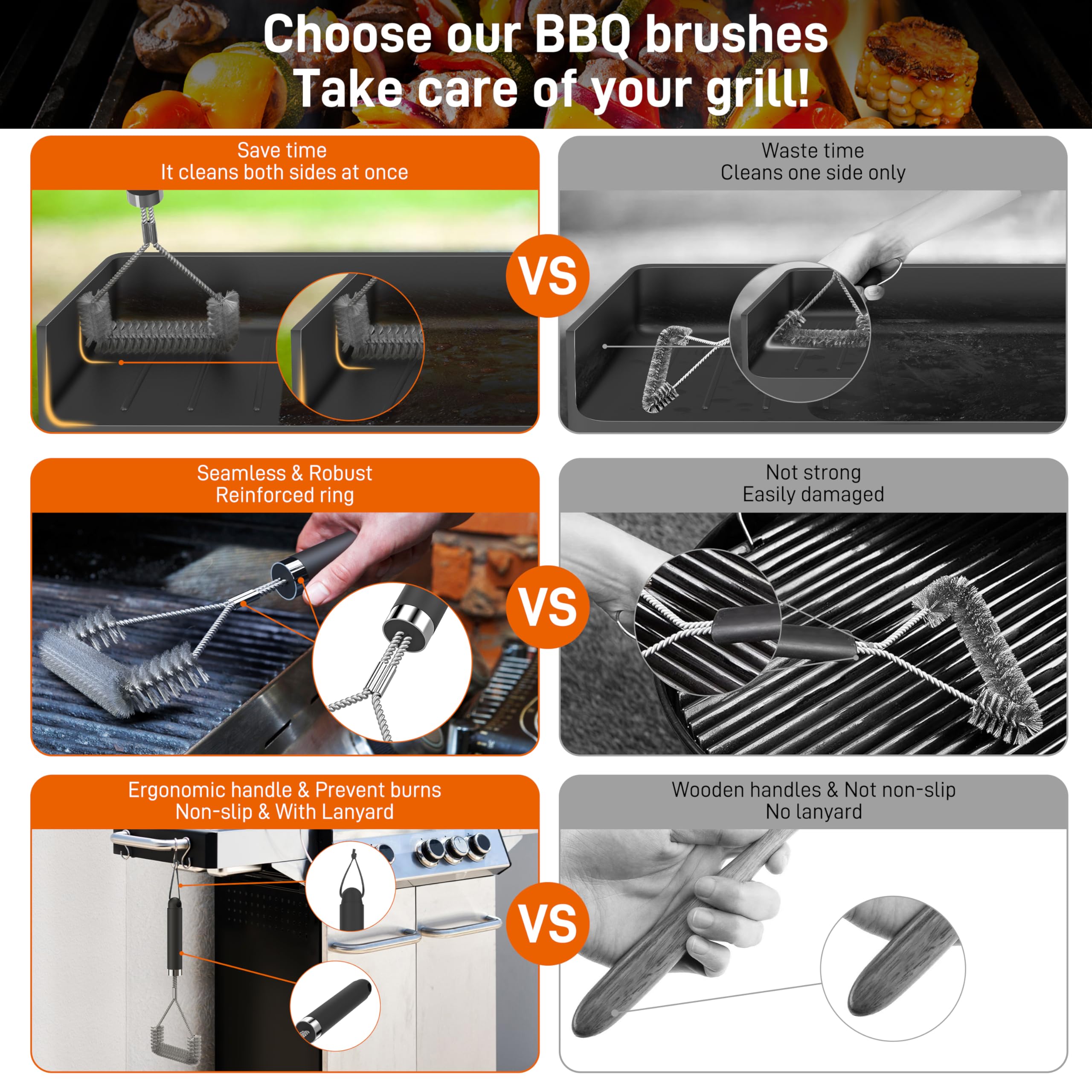 Spazzola Per Barbecue TNTOR Con Raschietto - Manico Lungo 45 Cm In Acciaio Inox Per Pulizia Grill - Foto 8