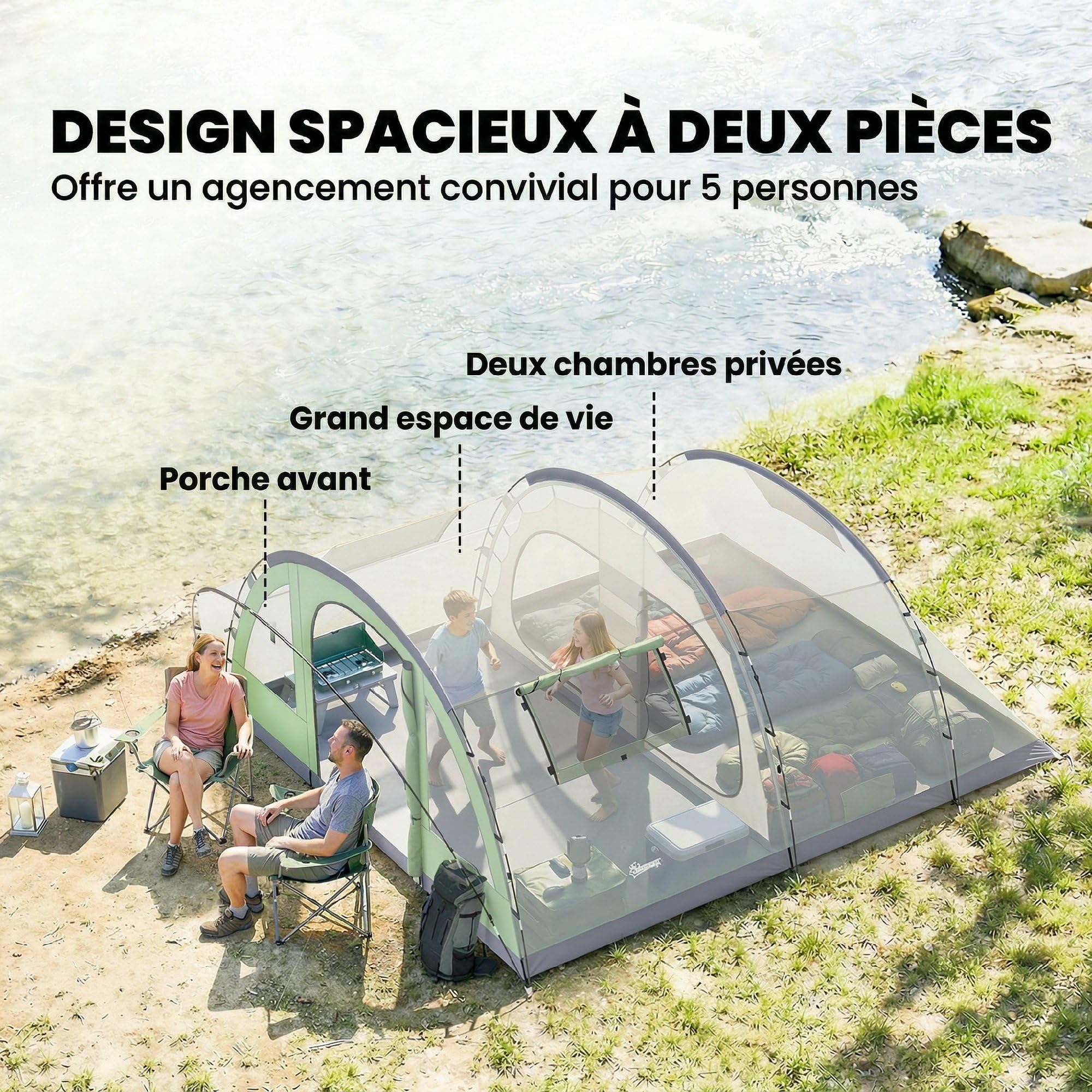 Outsunny Tente de Camping pour 5 Personnes, Tente Tunnel familiale légère ventilée étanche 3 000 mm Montage Facile, 4 fenêtres et Porche, Sac de Transport, pour randonnée Trekking pêche, Vert