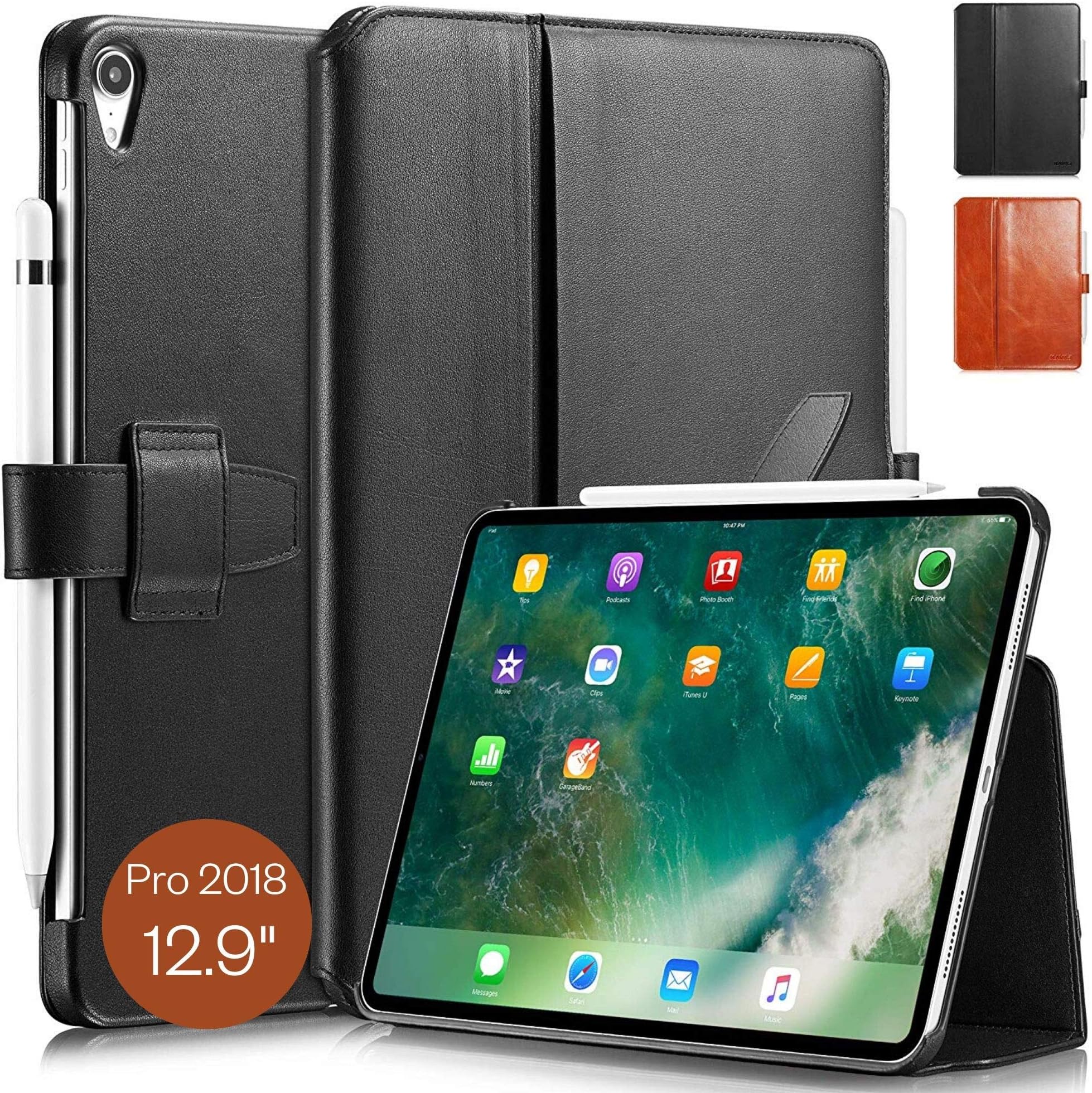 KAVAJ Case Leather Cover London works with Apple iPad Pro 12.9" 2018 Black Genuine Cowhide Leather with Pencil Holder Supports Apple Pencil Slim Fit Smart Folio