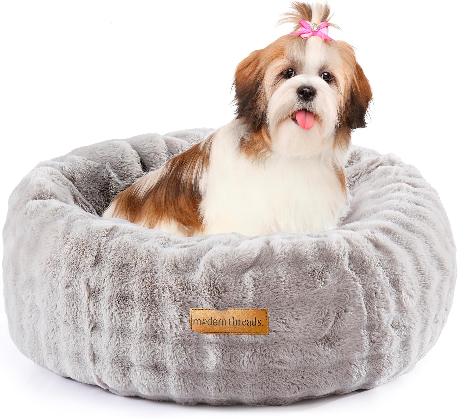 Modern Threads Calming Donut Dog Bed for Medium Dogs, Plush Round Faux Fur Pet Bed with Raised Bolster, Soft Washable Dog Bed, 30x30x9, Taupe