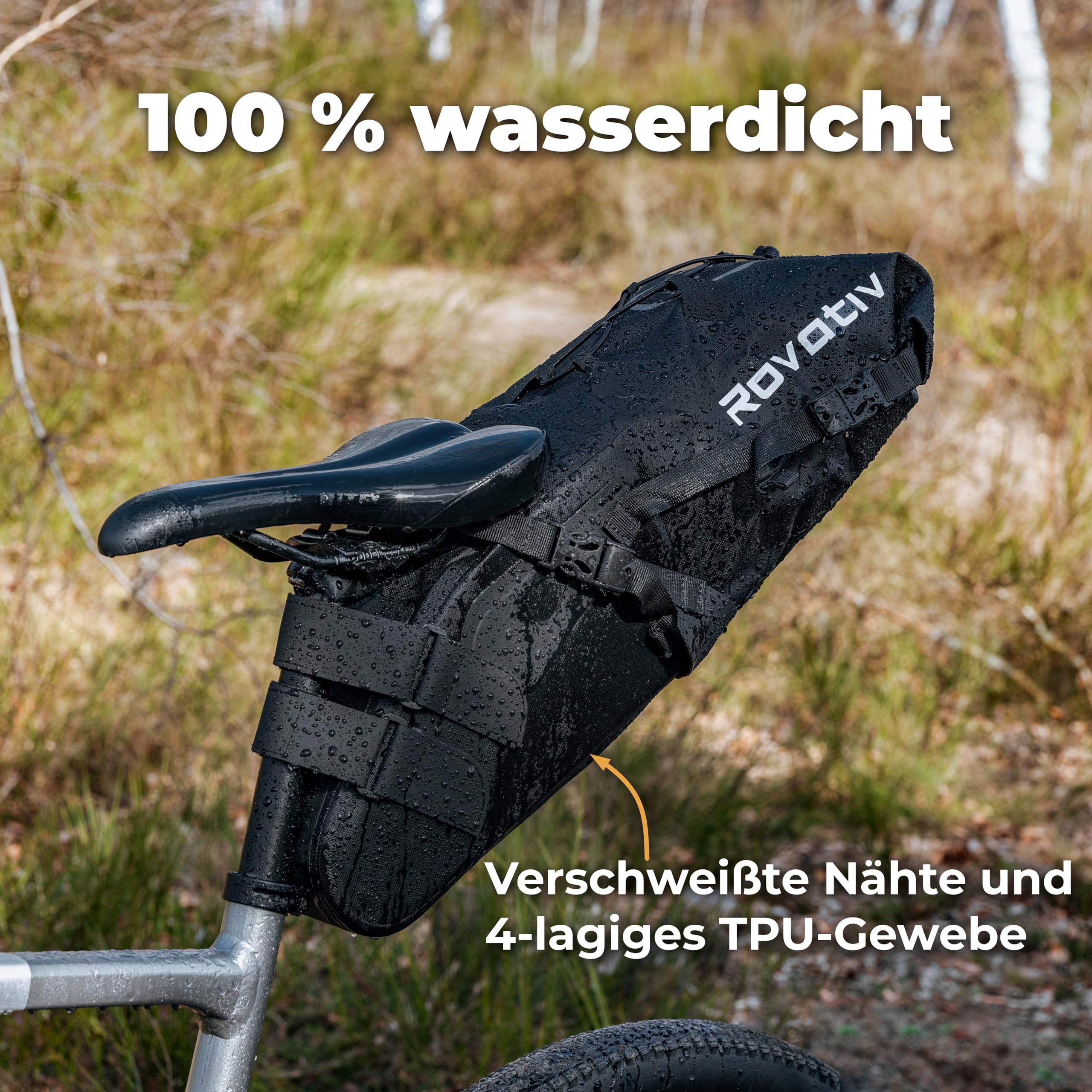 Rovativ® - Bikepacking Satteltasche [10 Liter] 100% Wasserdicht - super Fester Halt - Fahrrad Satteltasche aus TPU-Gewebe - für Gravelbike und MTB Bike Packing