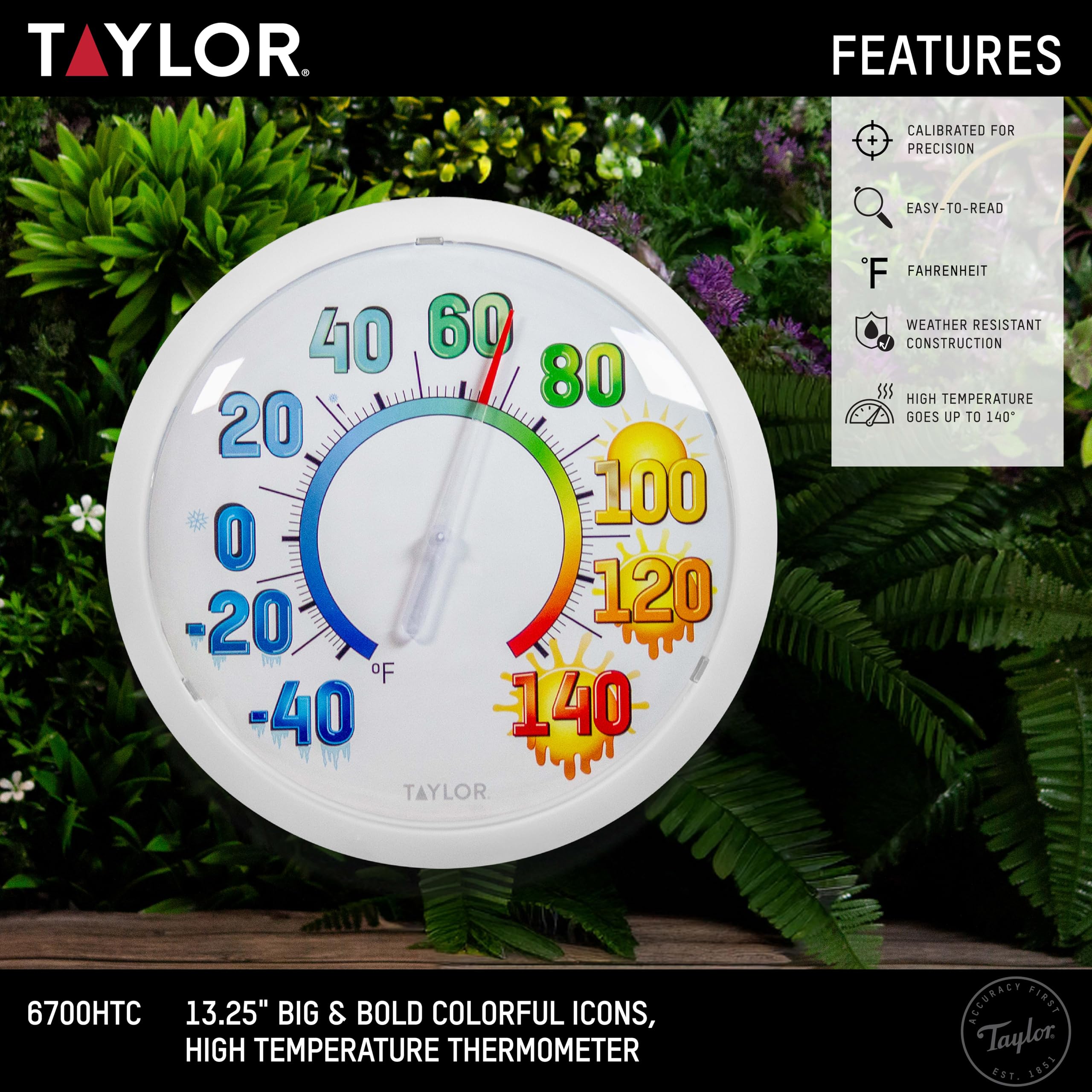 Taylor Icônes colorées grand et audacieux mur haute température thermomètre intérieur extérieur sans fil facile à lire grands chiffres pour patio piscine intérieure, résistant aux intempéries 13,25