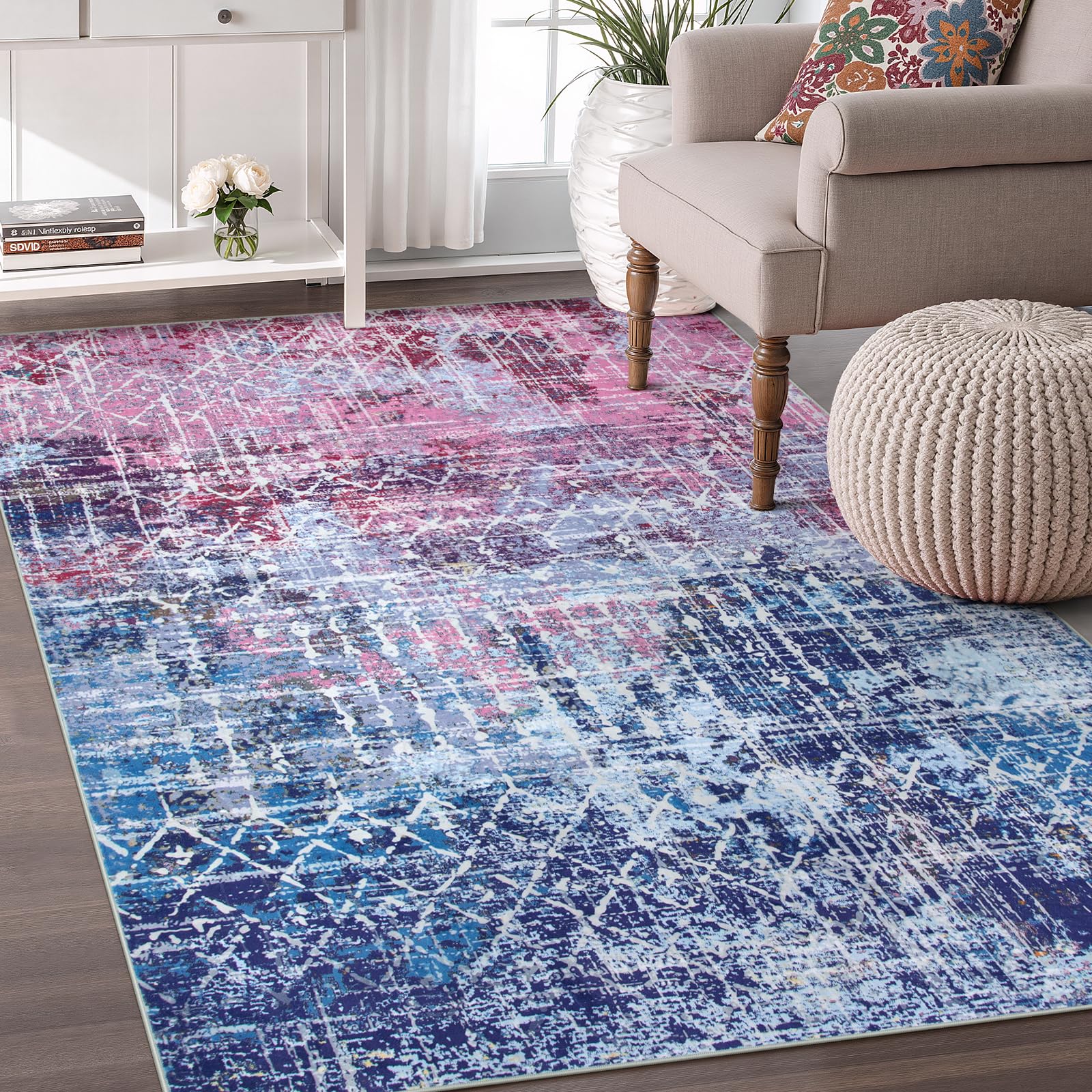 Zealude Boho Abstract Purple Pink Rugs for Bedroom Girls Kids, Washable 5x7 Preppy Colorful Area Rug for Living Dining Room, Non Slip Modern Pastel