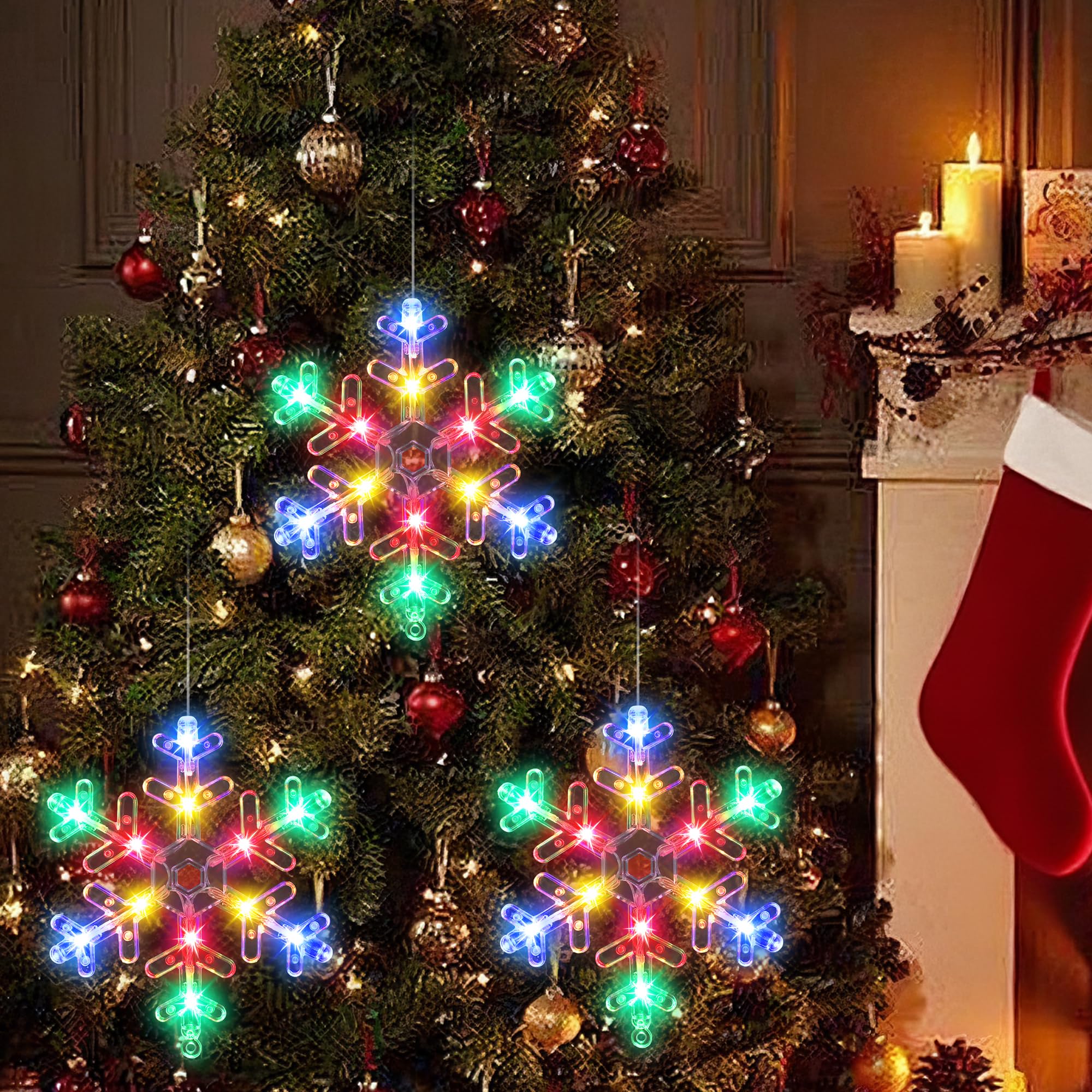 [Timer] Decorazioni natalizie per finestre, 3 pezzi con fiocco di neve luci natalizie con ventosa, luci a forma di fiocco di neve a batteria, decorazioni natalizie per interni ed esterni, camino