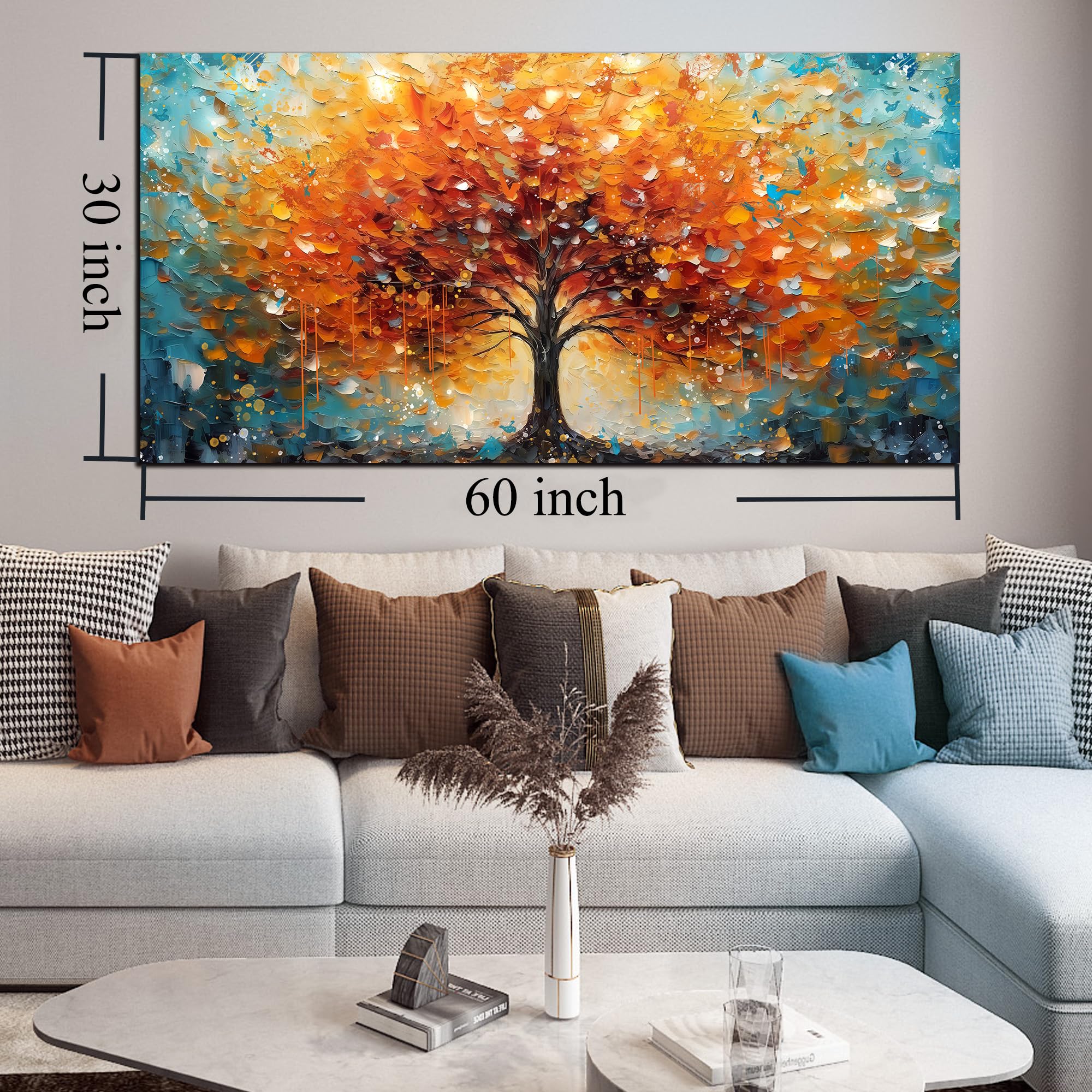 Zoyotago Large Wall Art Canvas Painting - 30x60 Inch Orange Yellow Tree Of Life Modern Hand-Painted Art