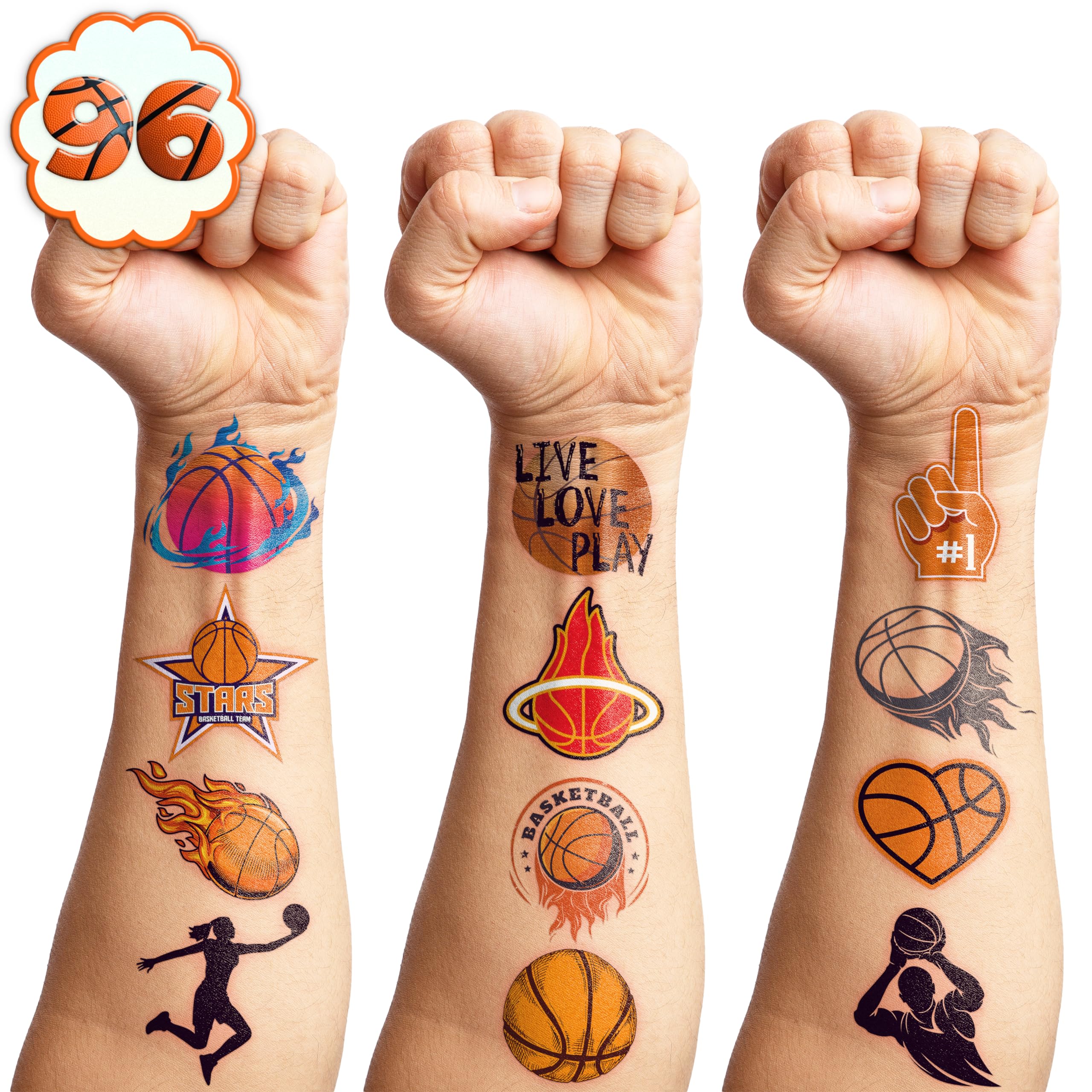 Pre-Cut Basketball Temporary Tattoos - Olympic MVP Sports Game -Themed Stickers for Kids' Birthday Party Supplies, Decorations, Favors, and Prizes - Cute Gifts for Boys and Girls