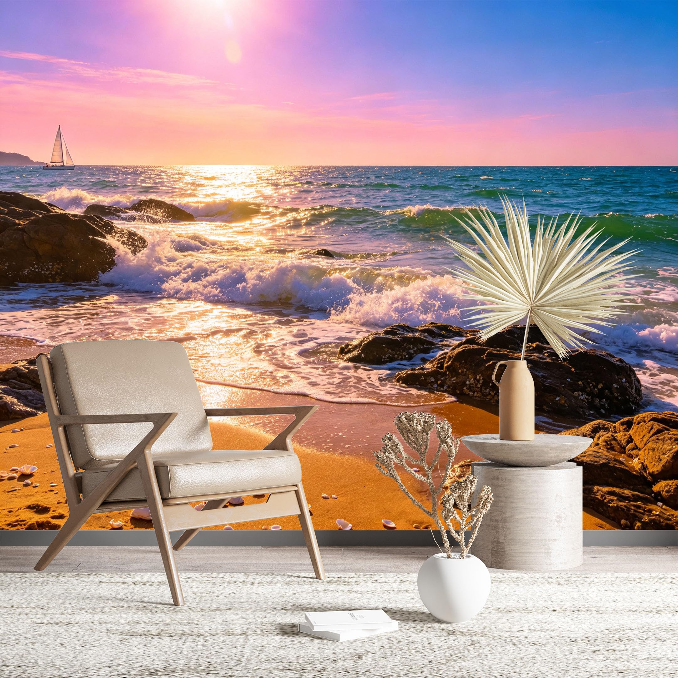 Custom Size Wall Murals Sunset Beach with Sailboat Wall Murals Ocean Wallpaper HD Self-Adhesive Removable Wallpaper for Living Room Bedroom