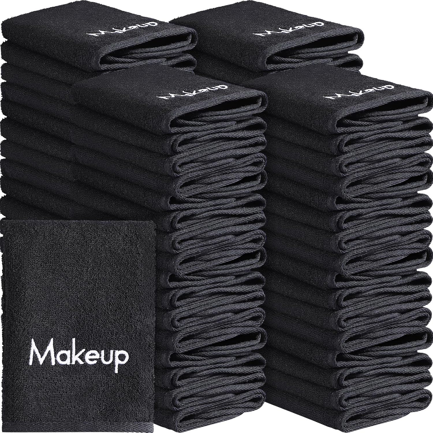 Chumia 72 Pcs Makeup Remover Cloths 13 x 13 Inch Makeup Towel Face Washcloths with Embroidery Black Reusable Washcloths Soft Cleansing Face Towel for Women