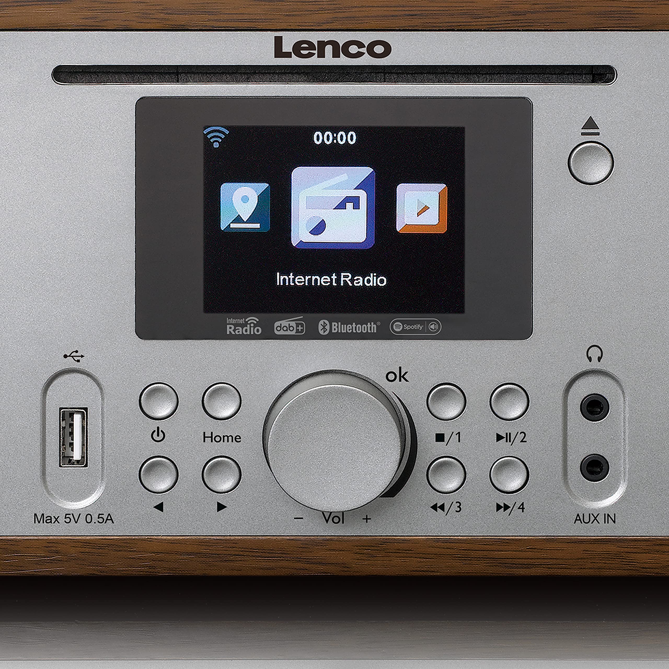 Lenco DIR-270 Radio Internet, DAB+, lecteur CD/MP3, Bluetooth, Spotify Connect, Wi-Fi, écran couleur 2,8", AUX, fonction réveil, 2 x 10 W RMS et télécommande, Bois/argenté