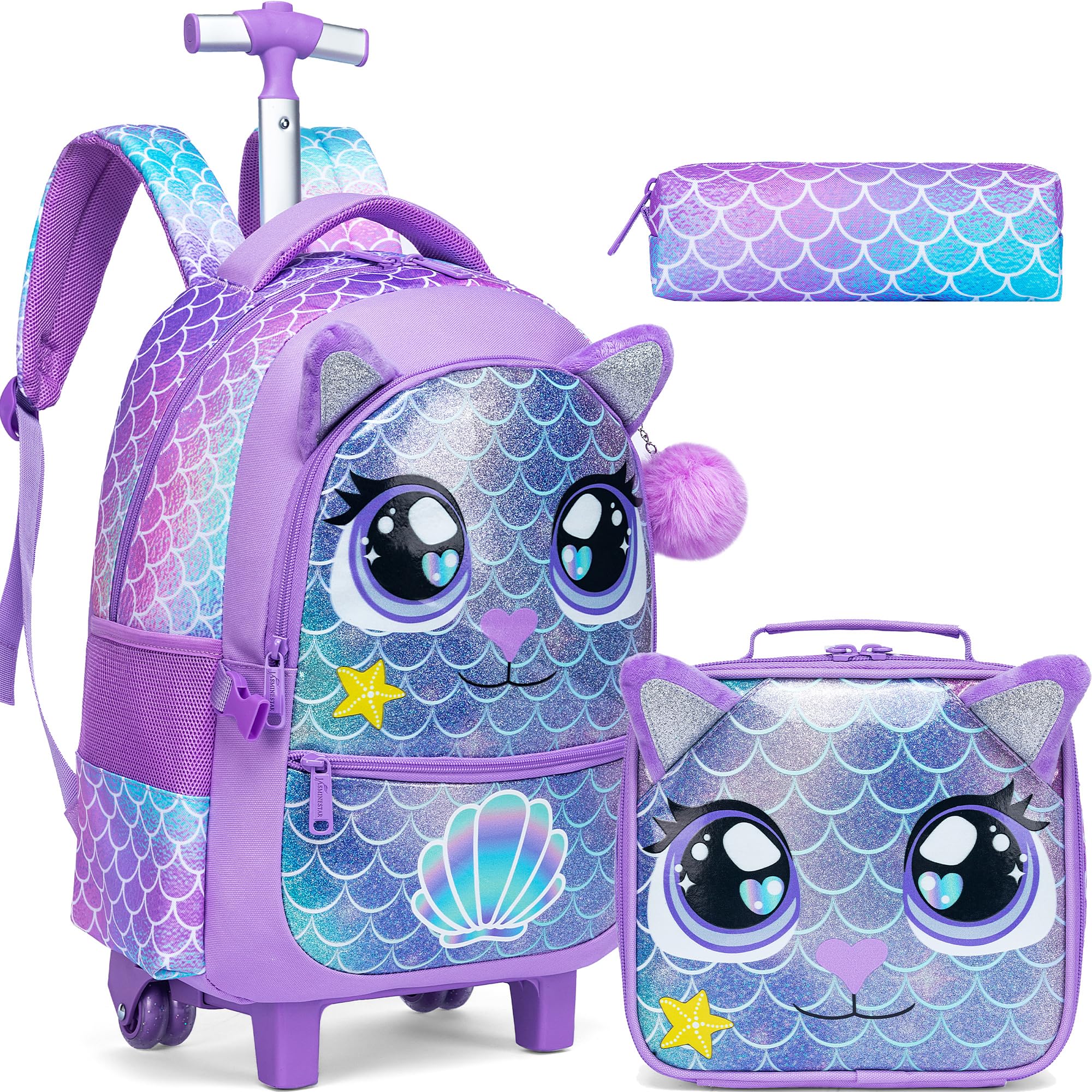 Meetbelify Rolling Backpack for Girls Backpacks with Wheels for Elementary School Students Kids 3 in 1 Travel Luggage Suitcase with Lunch Box Pencil