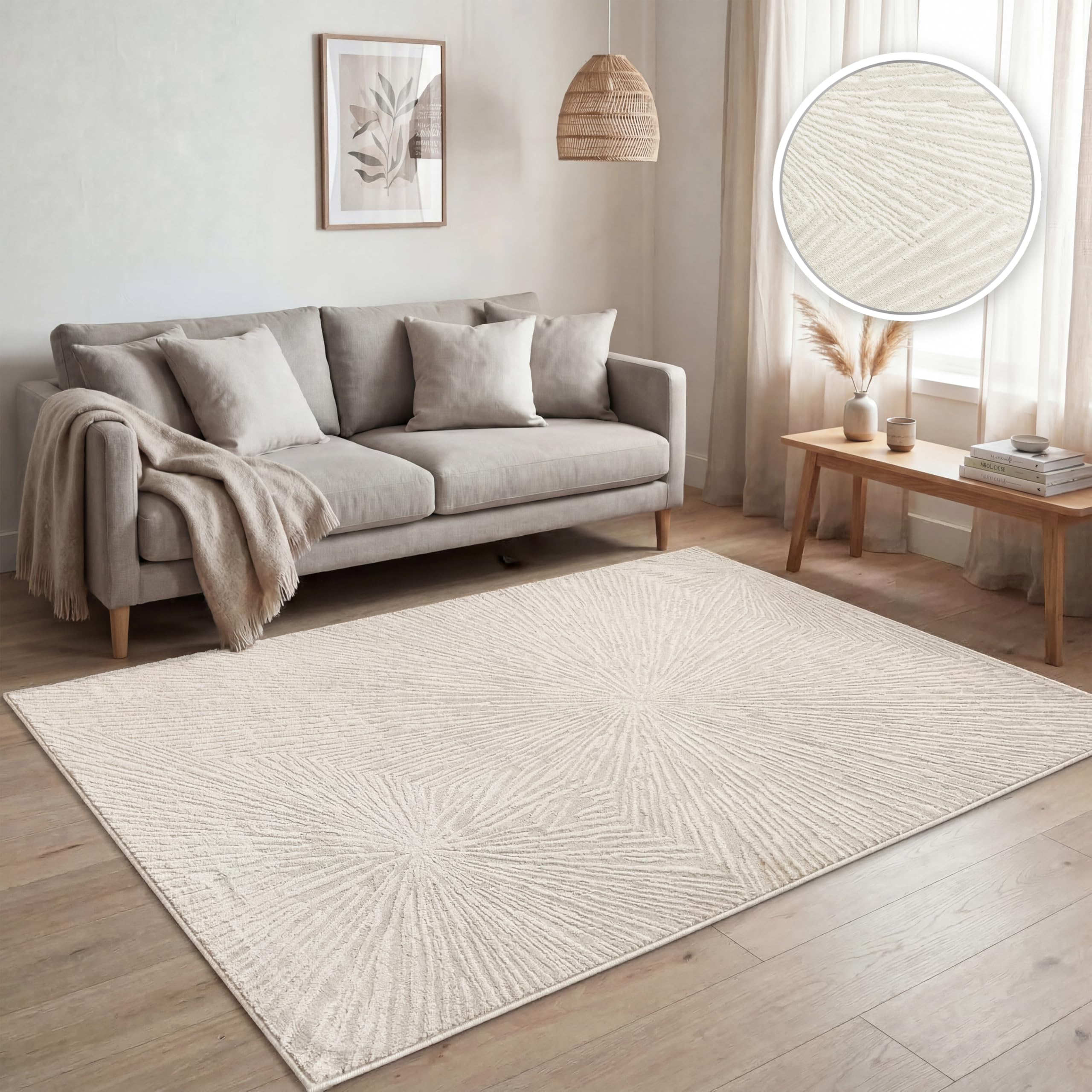 Paco Home Teppich Wohnzimmer Kurzflor, Moderne geometrische abstrakte Muster, 3D-Effekt, Regenbogen und Karo Design, glänzend luxuriös Ton in Ton, Farbe:Creme - Abstrakt, Grösse:80x150 cm