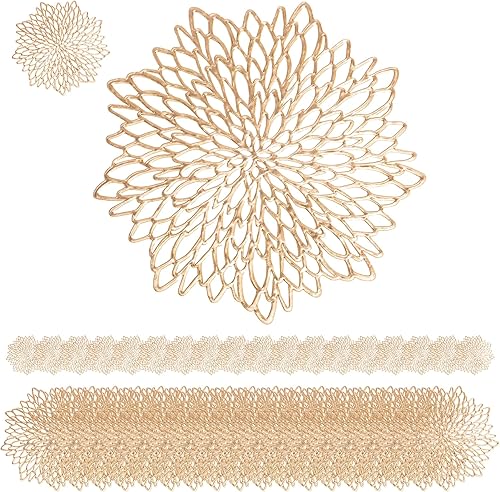 Defined Deco - Juego de 18 manteles individuales y posavasos dorados de vinilo de 15 pulgadas, manteles individuales redondos a granel, platos