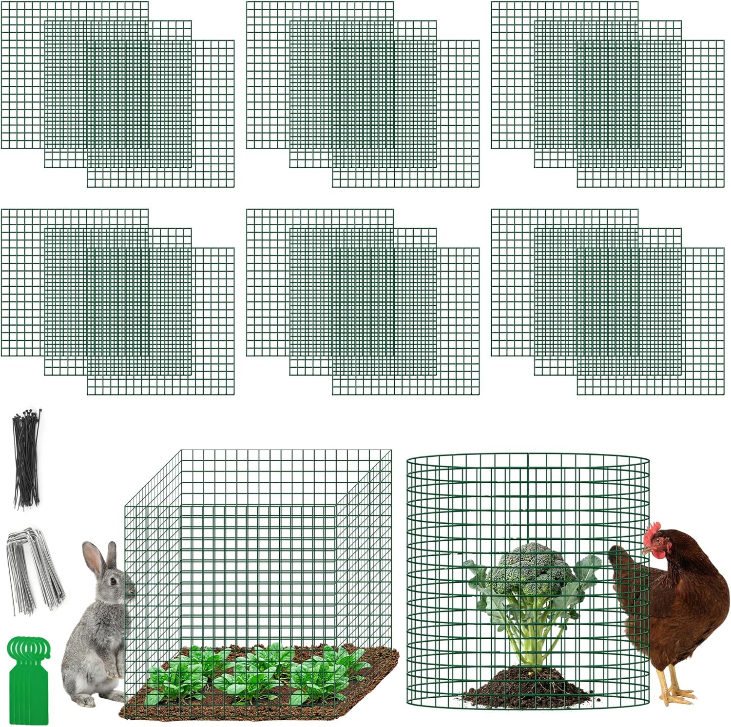 Plant Protectors from Animals - DIY Reusable Plant Cages for Outdoor Plants, Square Mesh Plant Covers Kits, 12"x12" Panels (6/18/30 Pcs) (30, Dark Green)