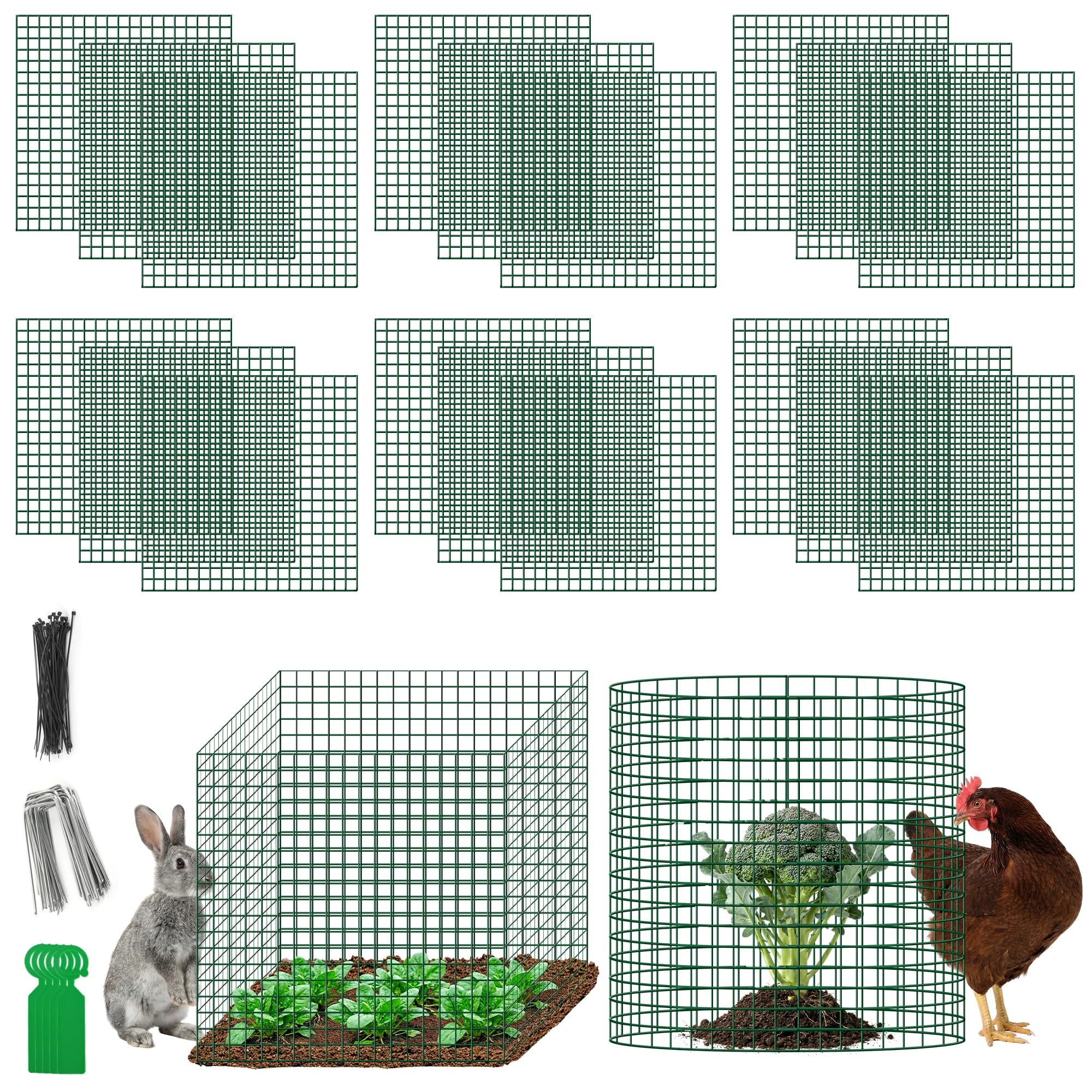 Plant Protectors from Animals - DIY Reusable Plant Cages for Outdoor Plants, Square Mesh Plant Covers Kits, 12"x12" Panels (6/18/30 Pcs) (6, Dark Green)