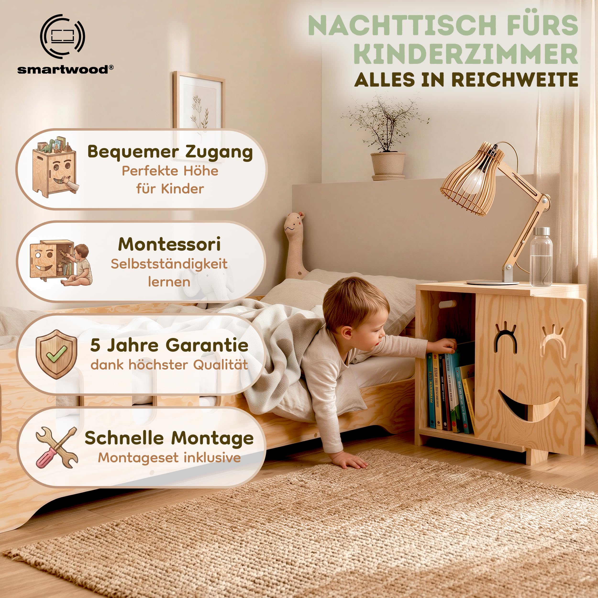 smartwood Nachttisch Kinderzimmer - Montessori Nachttisch aus FSC-zertifiziertem Kiefernholz - Kindgerechtes Design, stabile Konstruktion & einfache Montage - KAPI 3L