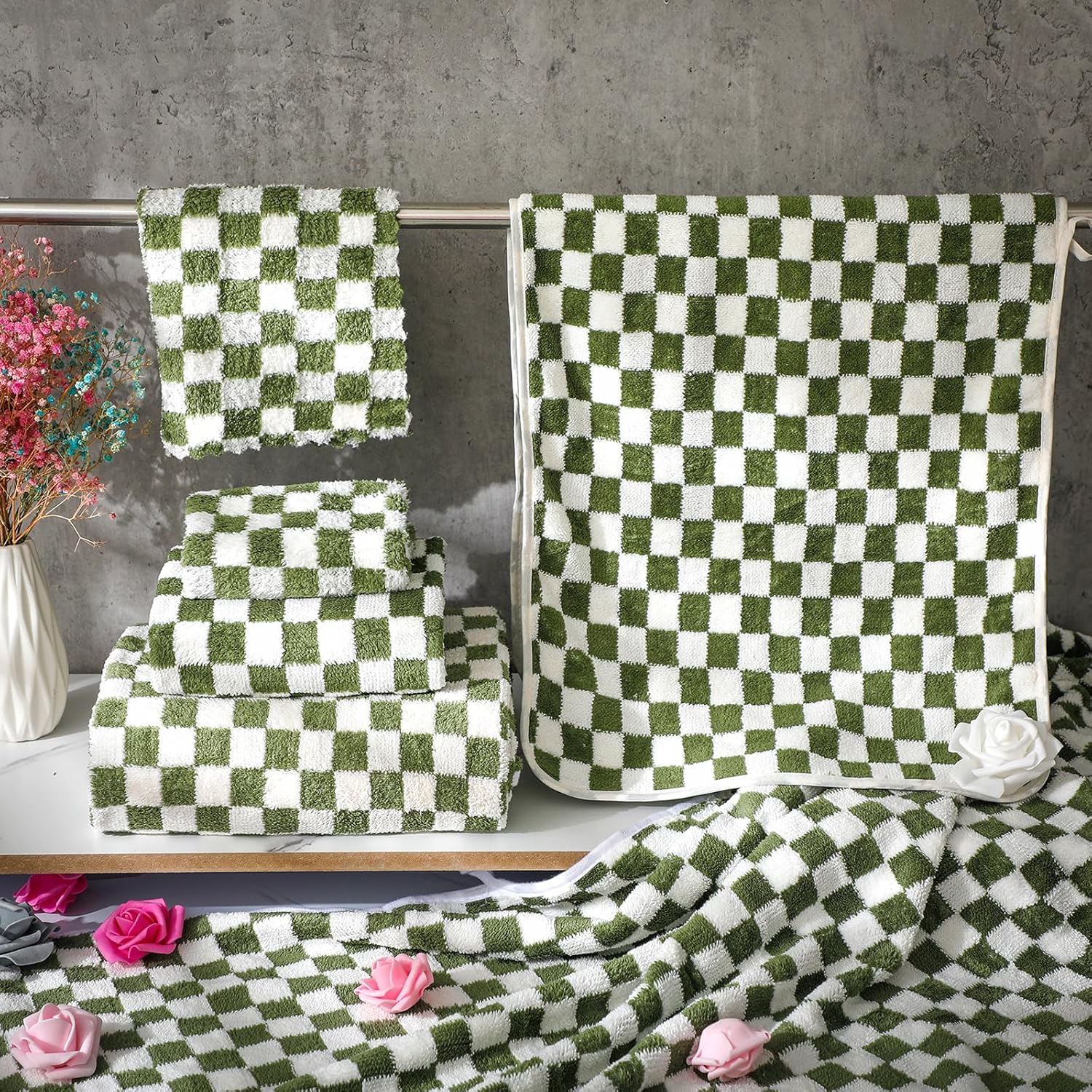 Kinlop 6 Pcs Checkered Bath Towels Set Coral Washcloth Quick Dry Patterned Thin Coral Fleece Hand Towel for Bathroom Back to School Gym Spa Beach Accessories(Green,Checkered) - Image 6