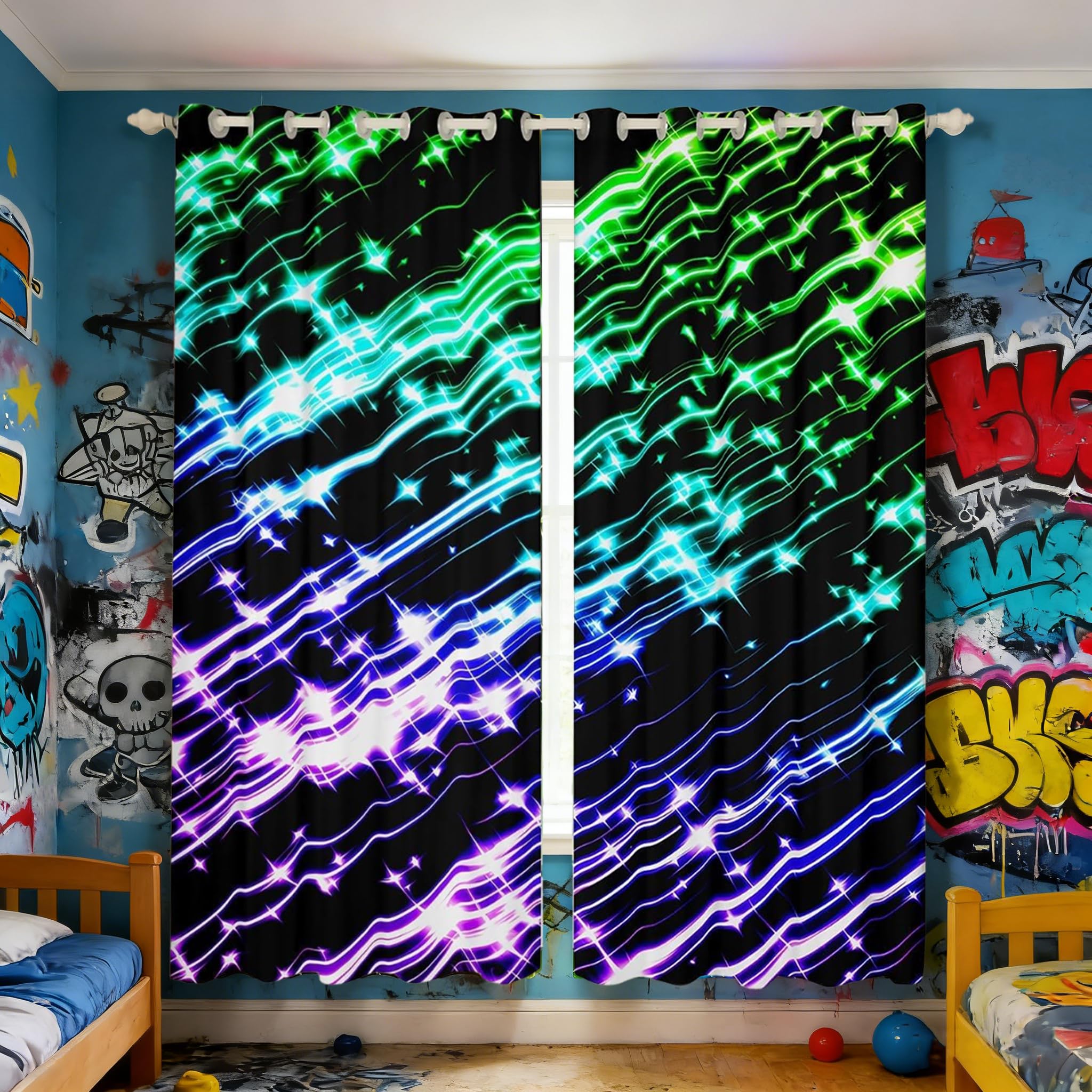 Homemissing Gradient Neon Light Stripes Curtains(2 Panels,W46*L54) For Kids Boys Girls Teens Modern Abstract Art Darkening Blackout Window Curtains Stripe Line Window Treatments โ image 1