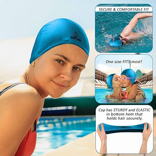 Vista 19 de Water Gear Synthetic Fiber Swim Cap - Comfortable and Durable Swimming Cap - Keeps Short or Long Hair Dry marino