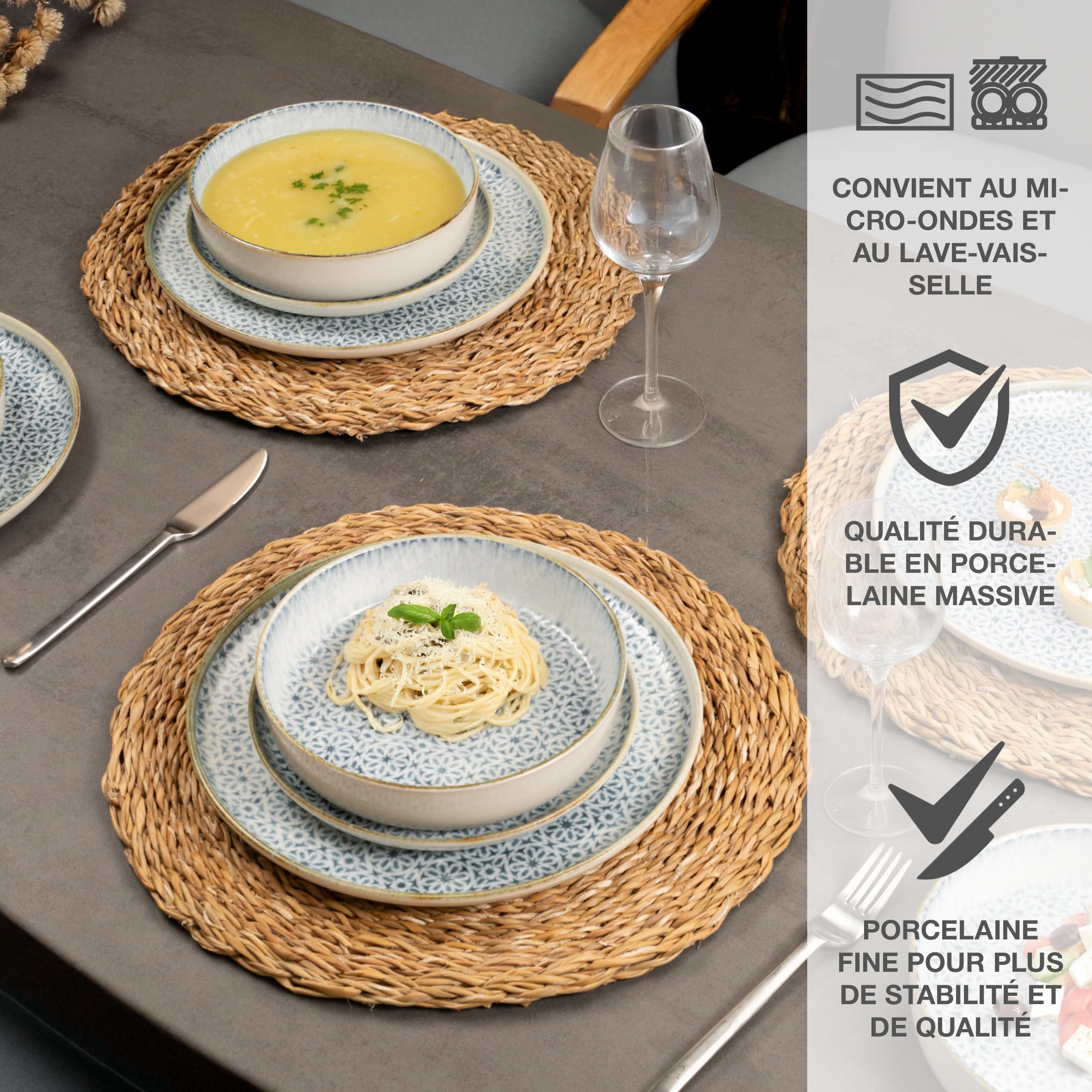 Moritz & Moritz ALHAMBRA Service de table 6 personnes 18 pièces en porcelaine de haute qualité - Service de table moderne en bleu - Ensemble de vaisselle facile à entretenir avec 6 assiettes plates, 6