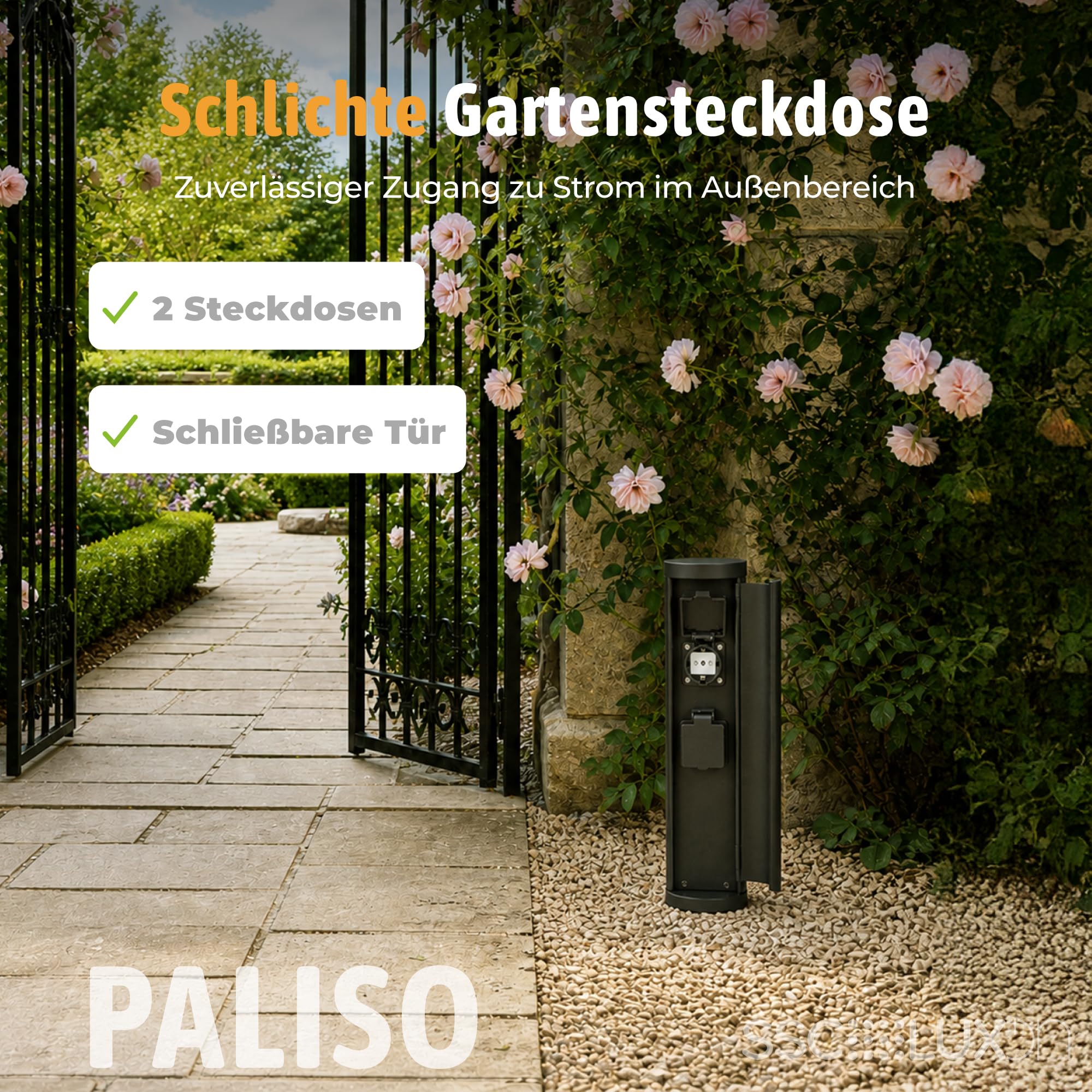 SSC-LUXon PALISO Design - Colonna di prese con 2 prese per giardino ed esterno, colonna di alimentazione con porta, colore: nero, IP44, altezza 39,5 cm
