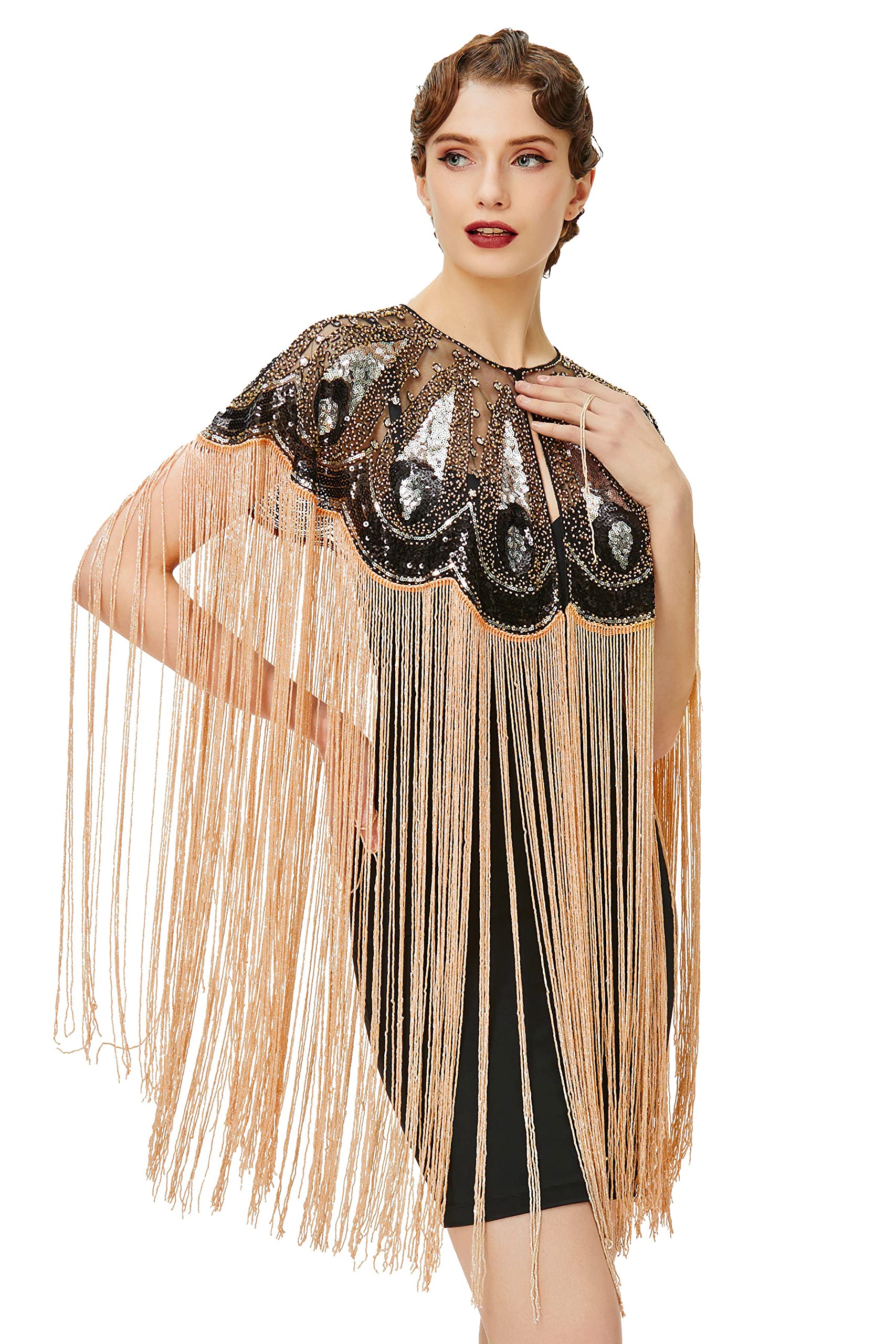 BABEYOND1920s Shawl Wraps Long Fringed Evening Cape Sequin Beaded Party Shawl