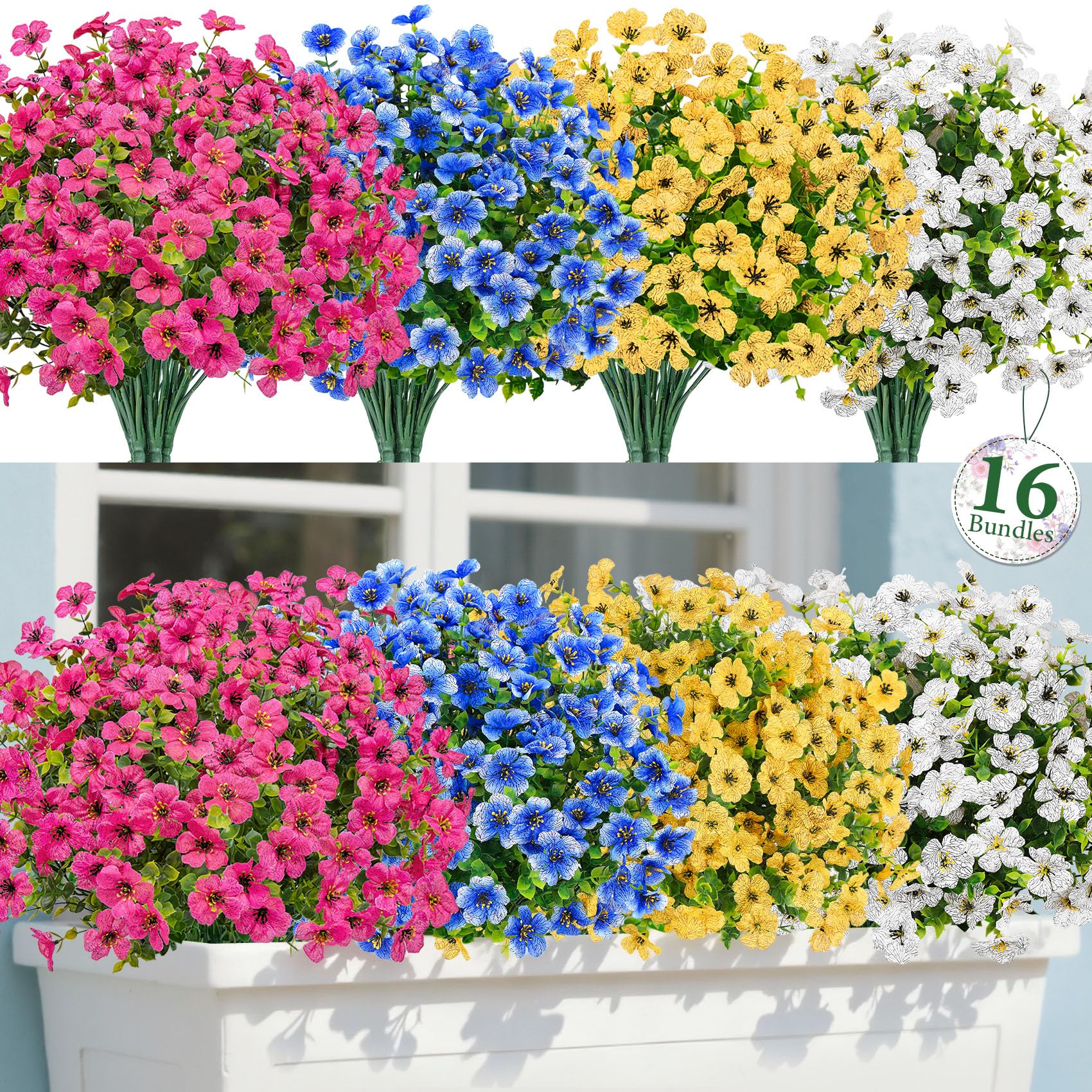 Bassion 16 Bundles Artificial Flowers for Outdoors Fake Flowers, Colorful