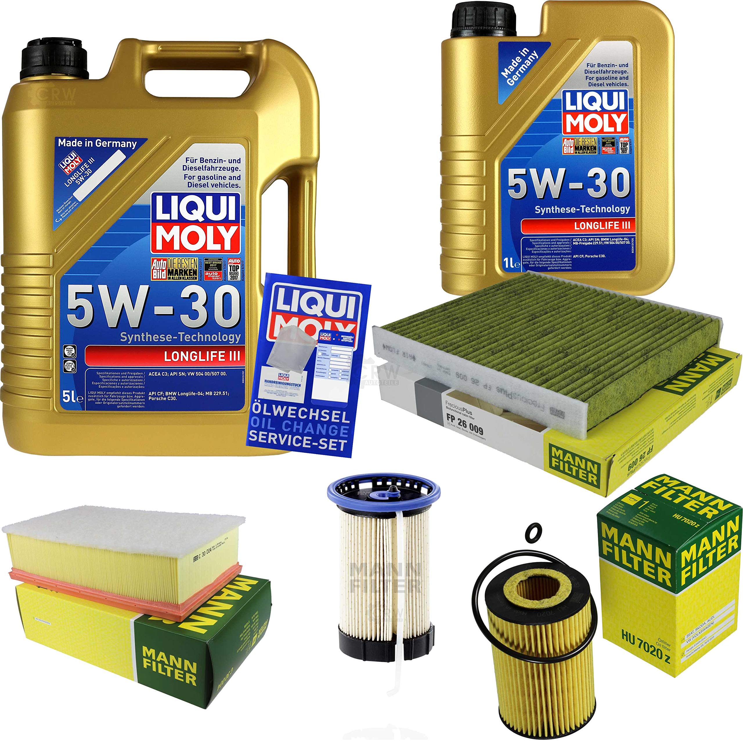 Juego de filtros de 6 litros de aceite de motor Longlife III 5W-30 MANN-FILTER Aceite de motor Longlife III 5W-30 Filtro de habitáculo, filtro de combustible, filtro de aire, filtro de aceite