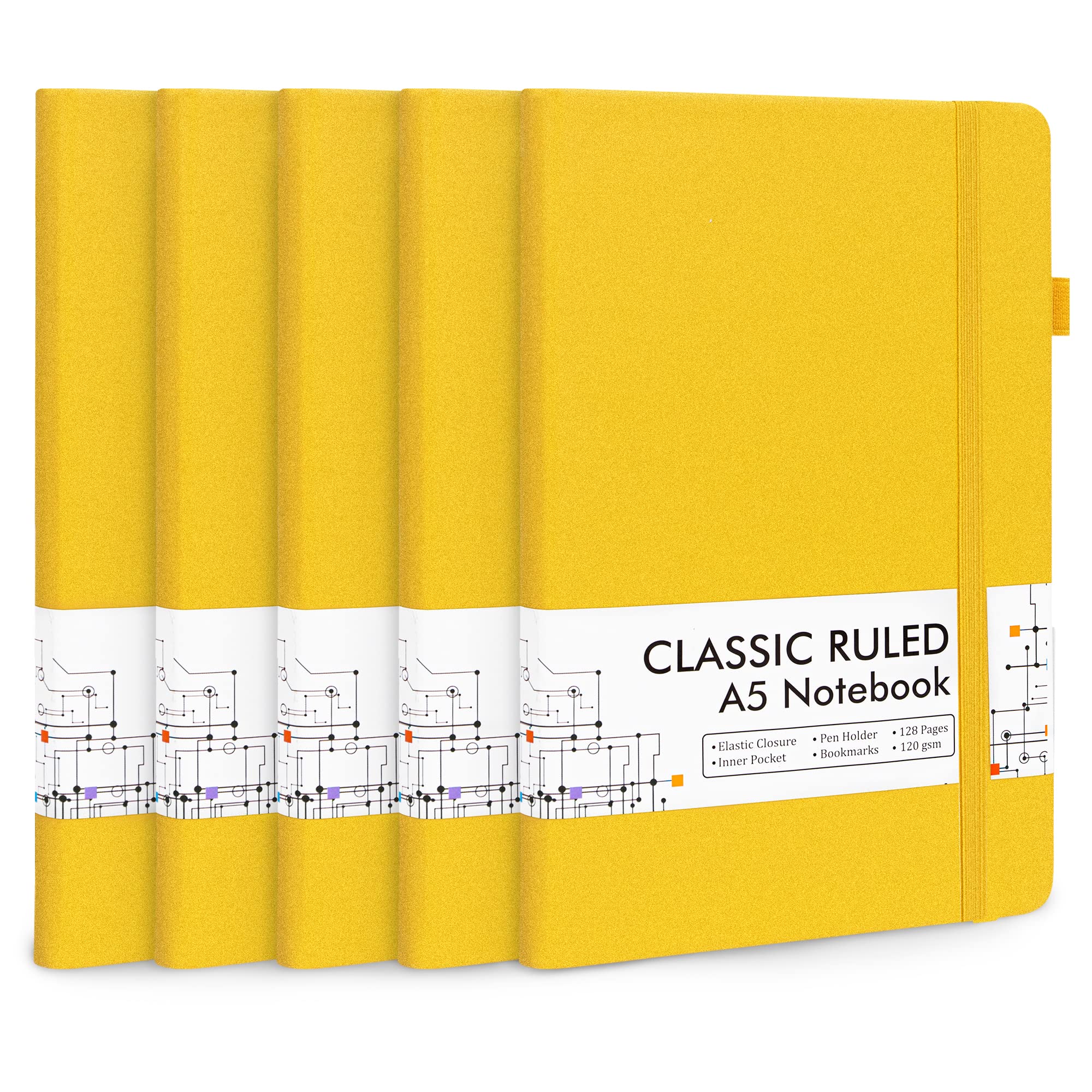 feela 5 Pack A5 Notebooks Hardback, Notepads A5 Ruled Lined (120 GSM), Journal Notebook Multipack with 5 Black Gel Pens for Business Work, Journaling, Note Taking, 128 Pages, 21 x 13 cm, Yellow