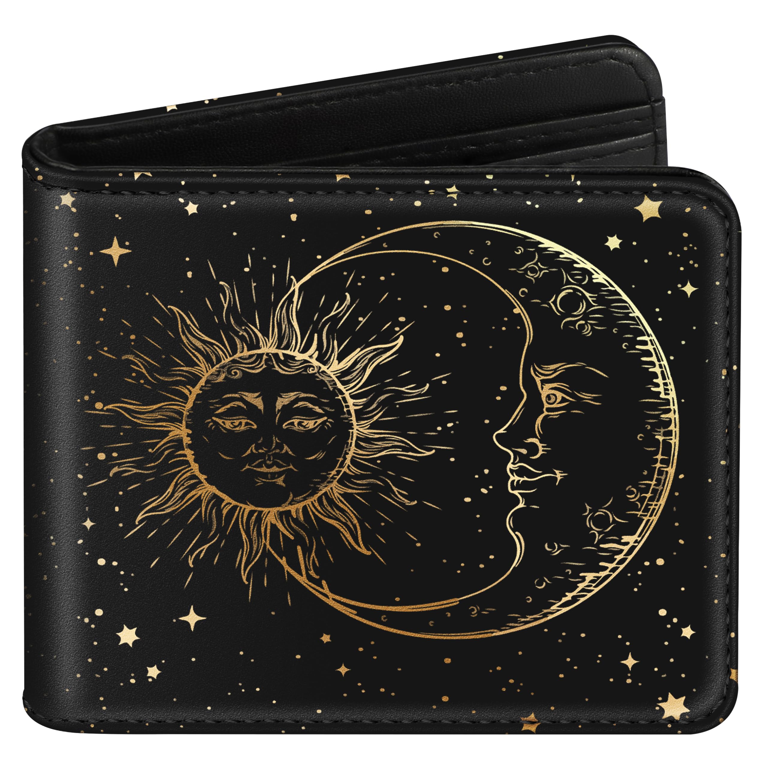 Funermei Cute Wallet for Women Girls Sun and Moon Leather Bifold Wallet Stars Space Aesthetic Credit Card Holder RFID Id Cash Slim Black Small Bi-fold Wallets with Coin Pocket for Teen Little Girl